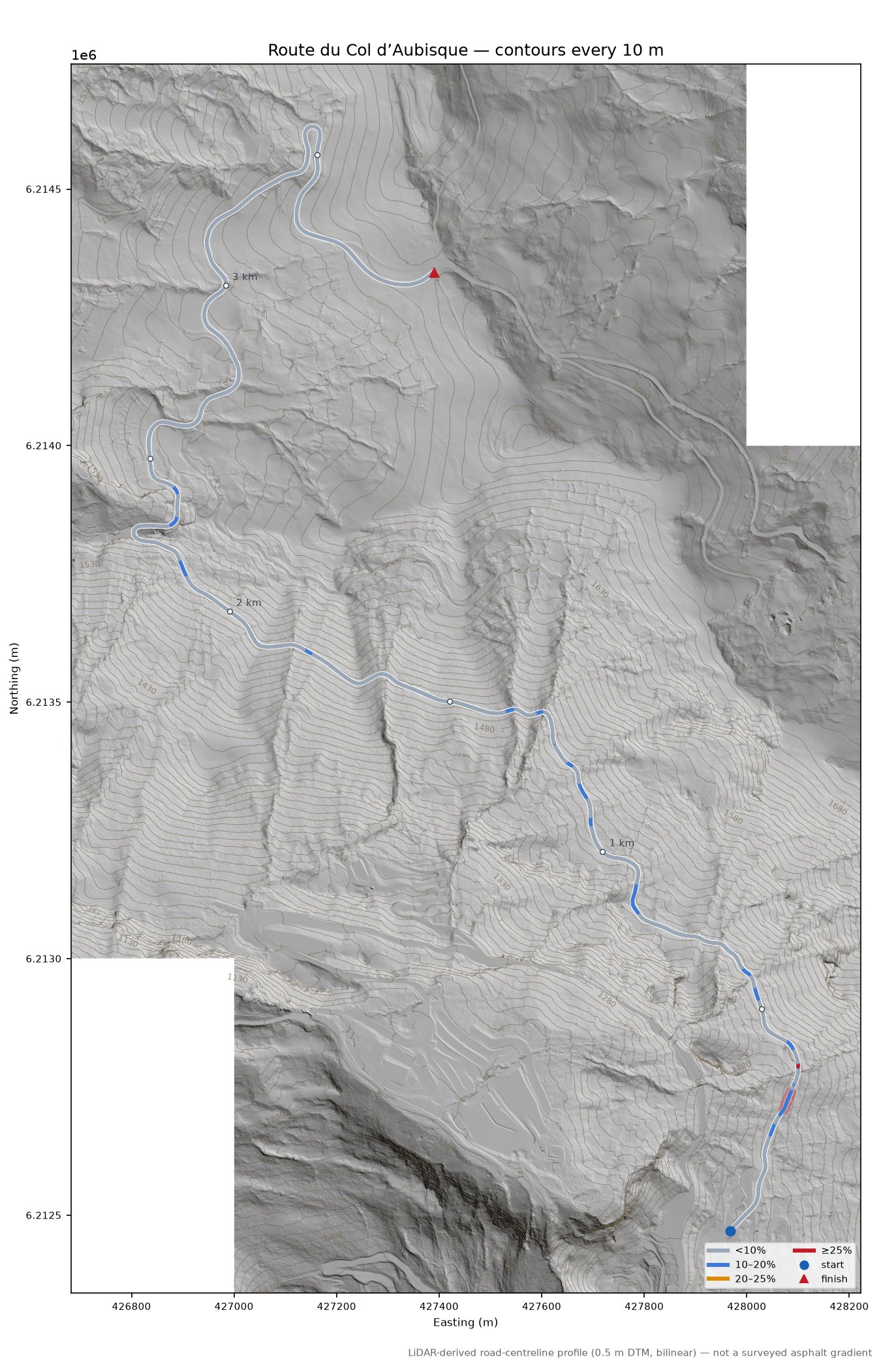 Route du Col d’Aubisque LiDAR hillshade map with contours