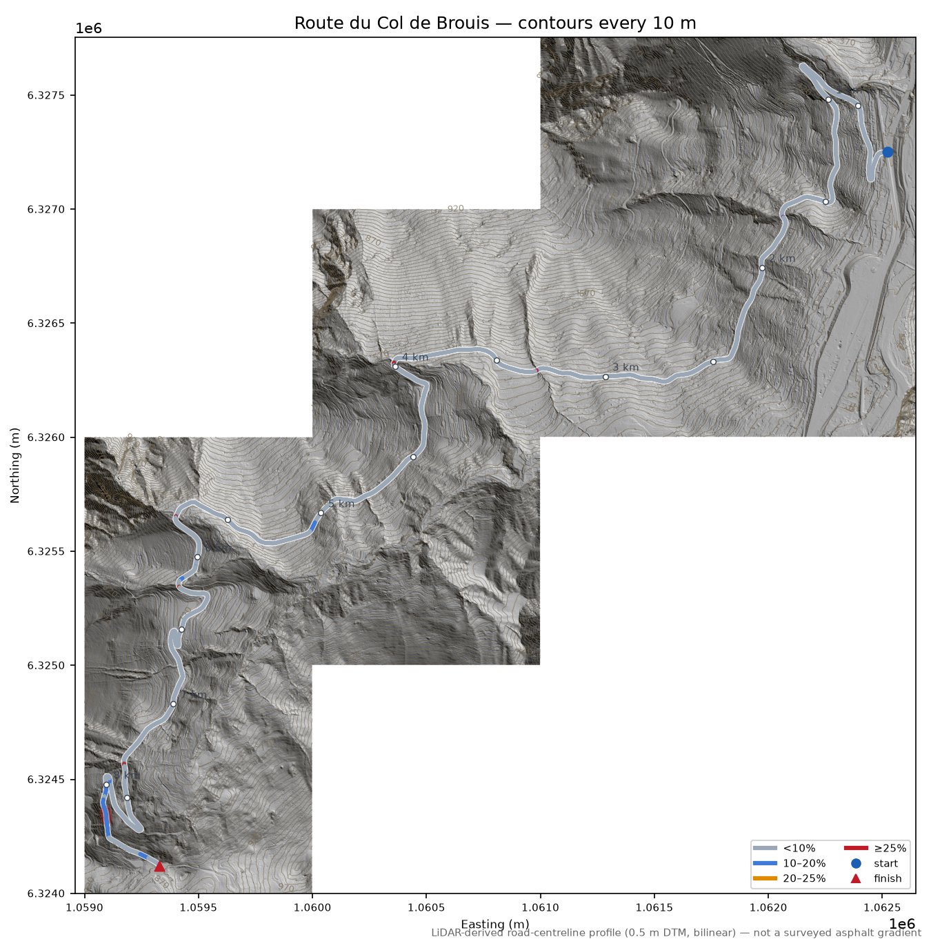 Route du Col de Brouis LiDAR hillshade map with contours