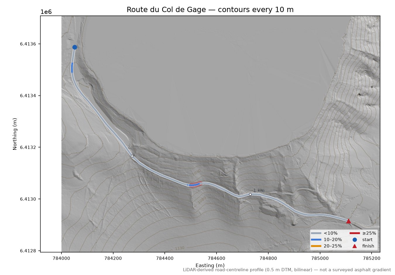 Col de Gage LiDAR hillshade map with contours