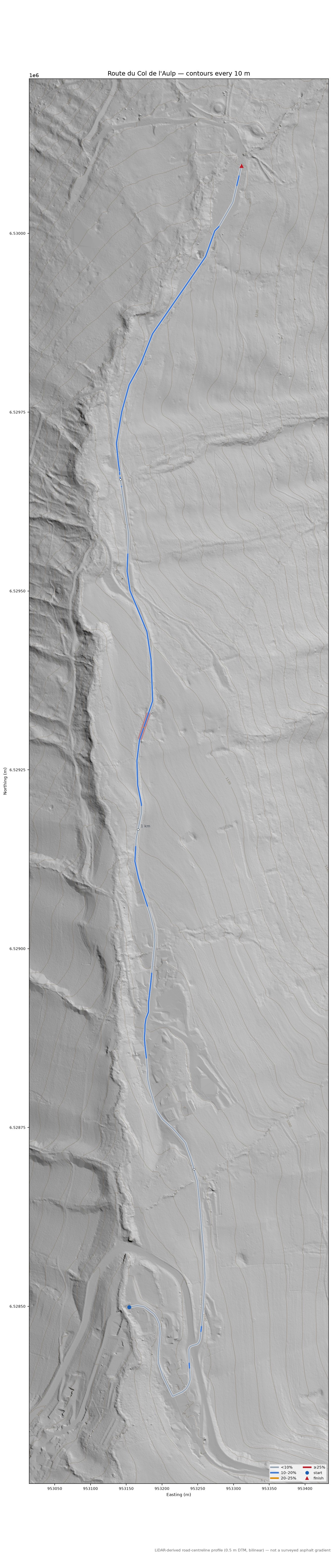 Route du Col de l'Aulp LiDAR hillshade map with contours