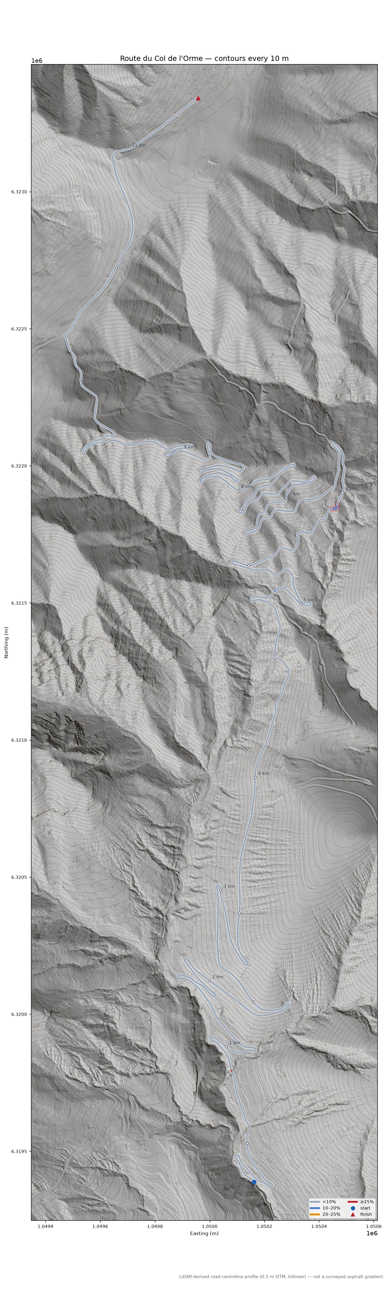 Route du Col de l'Orme LiDAR hillshade map with contours