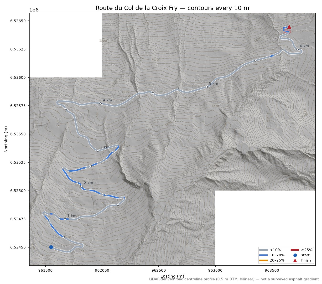 Route du Col de la Croix Fry LiDAR hillshade map with contours