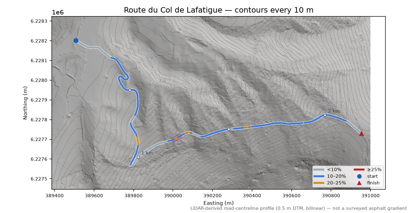 Route du Col de Lafatigue LiDAR hillshade map with contours