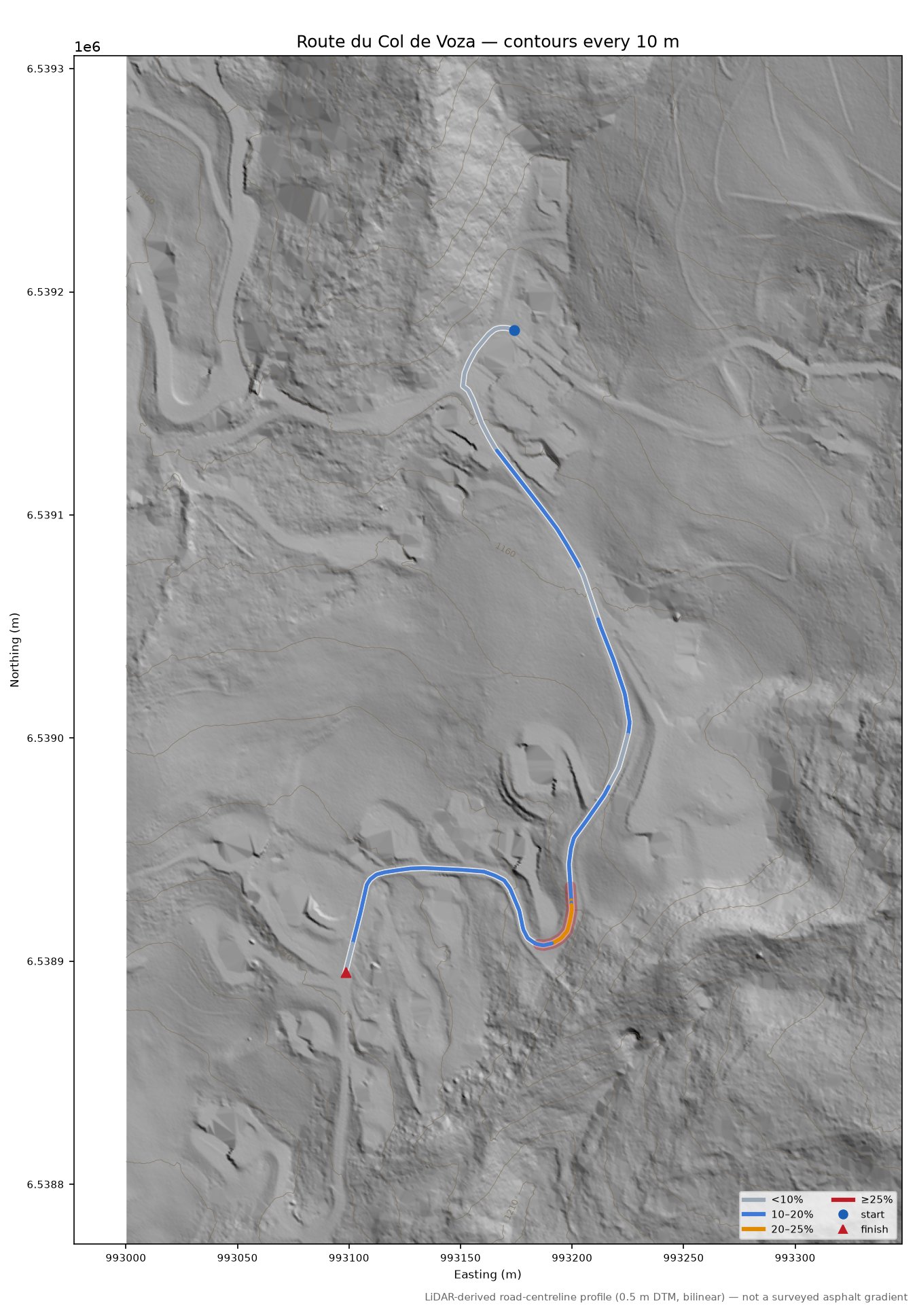 Route du Col de Voza LiDAR hillshade map with contours