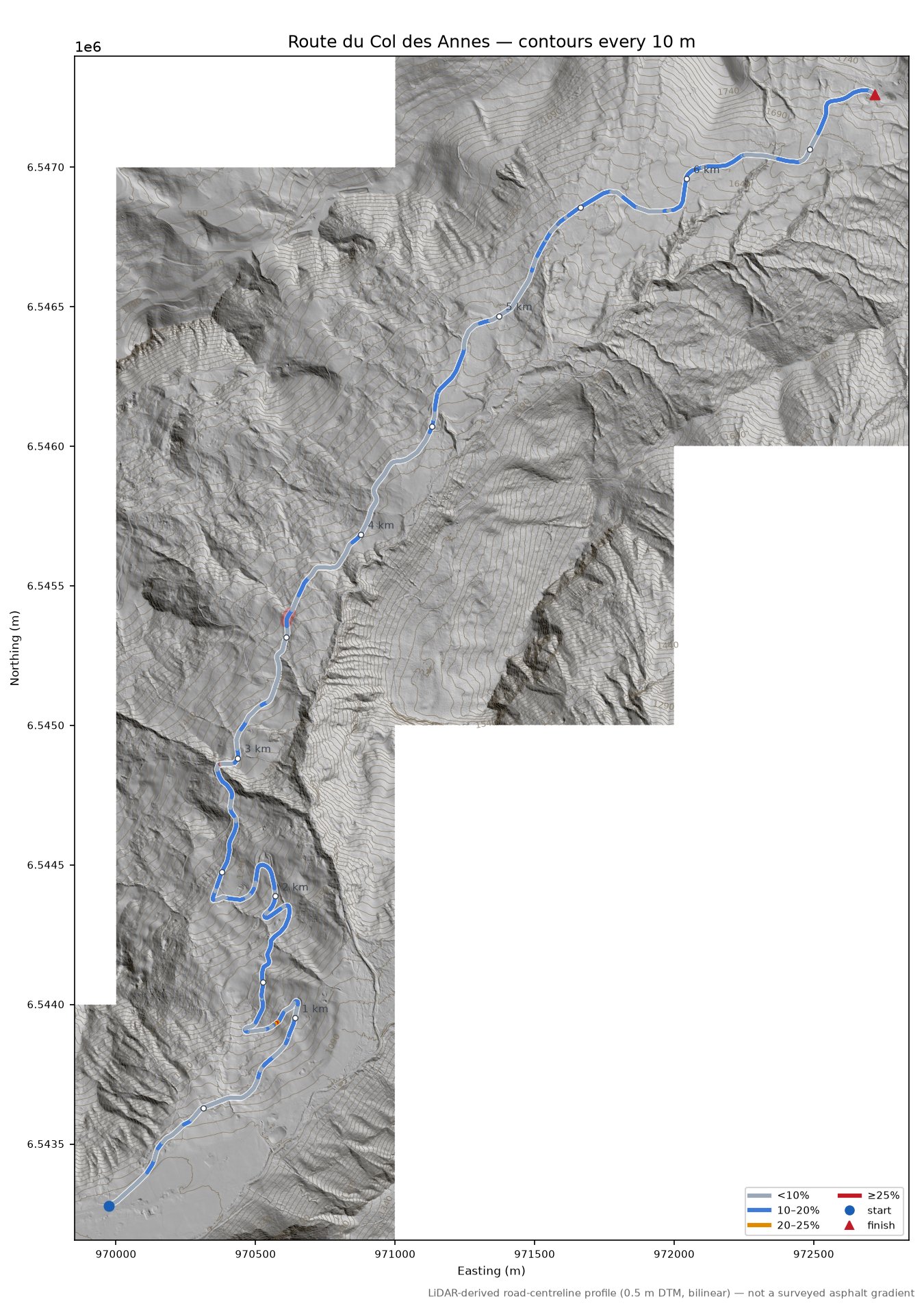 Col des Annes LiDAR hillshade map with contours