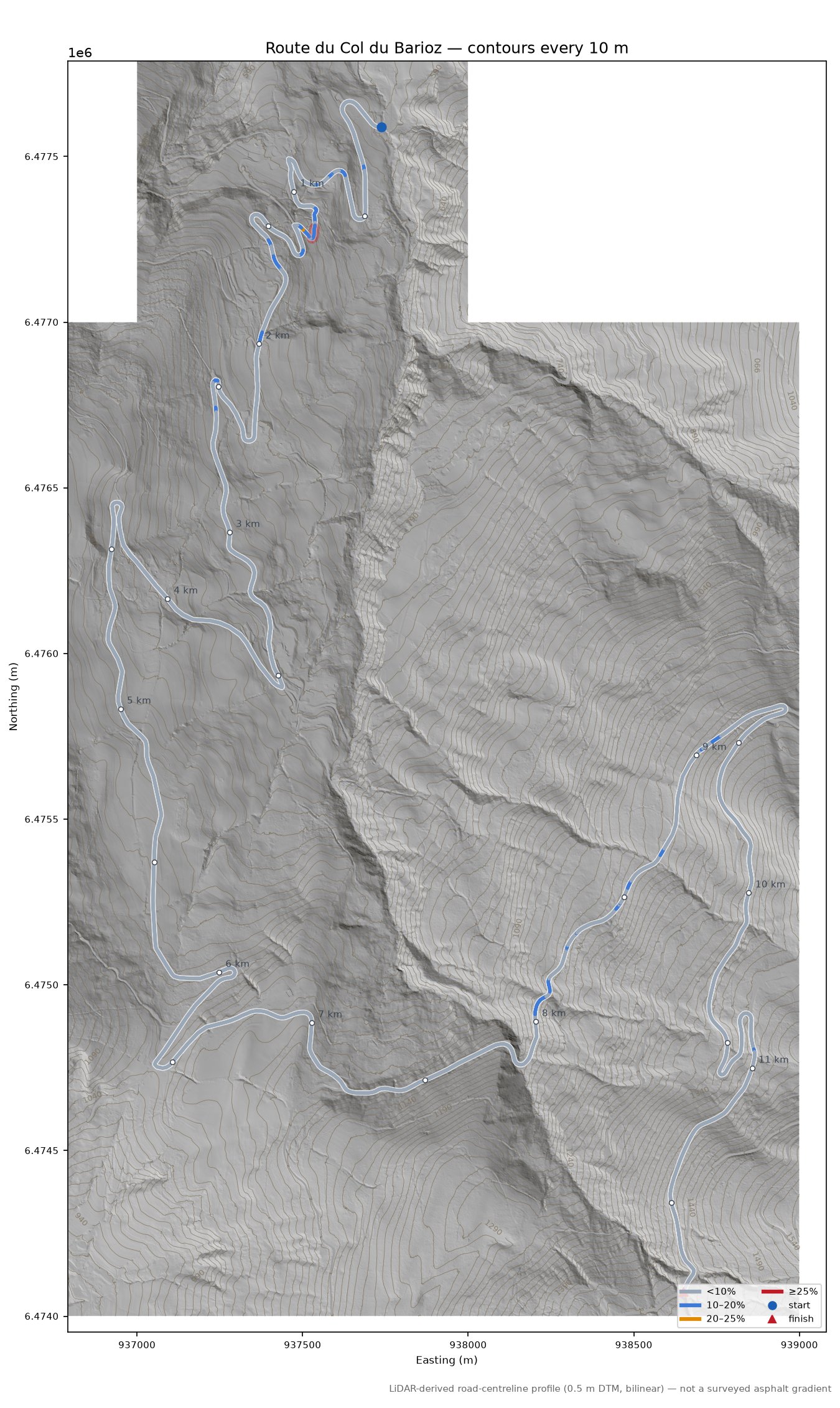 Route du Col du Barioz LiDAR hillshade map with contours
