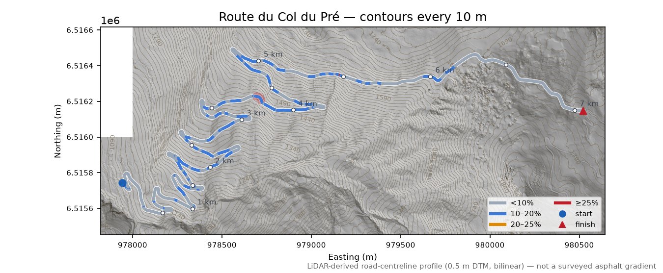 Col du Pré LiDAR hillshade map with contours