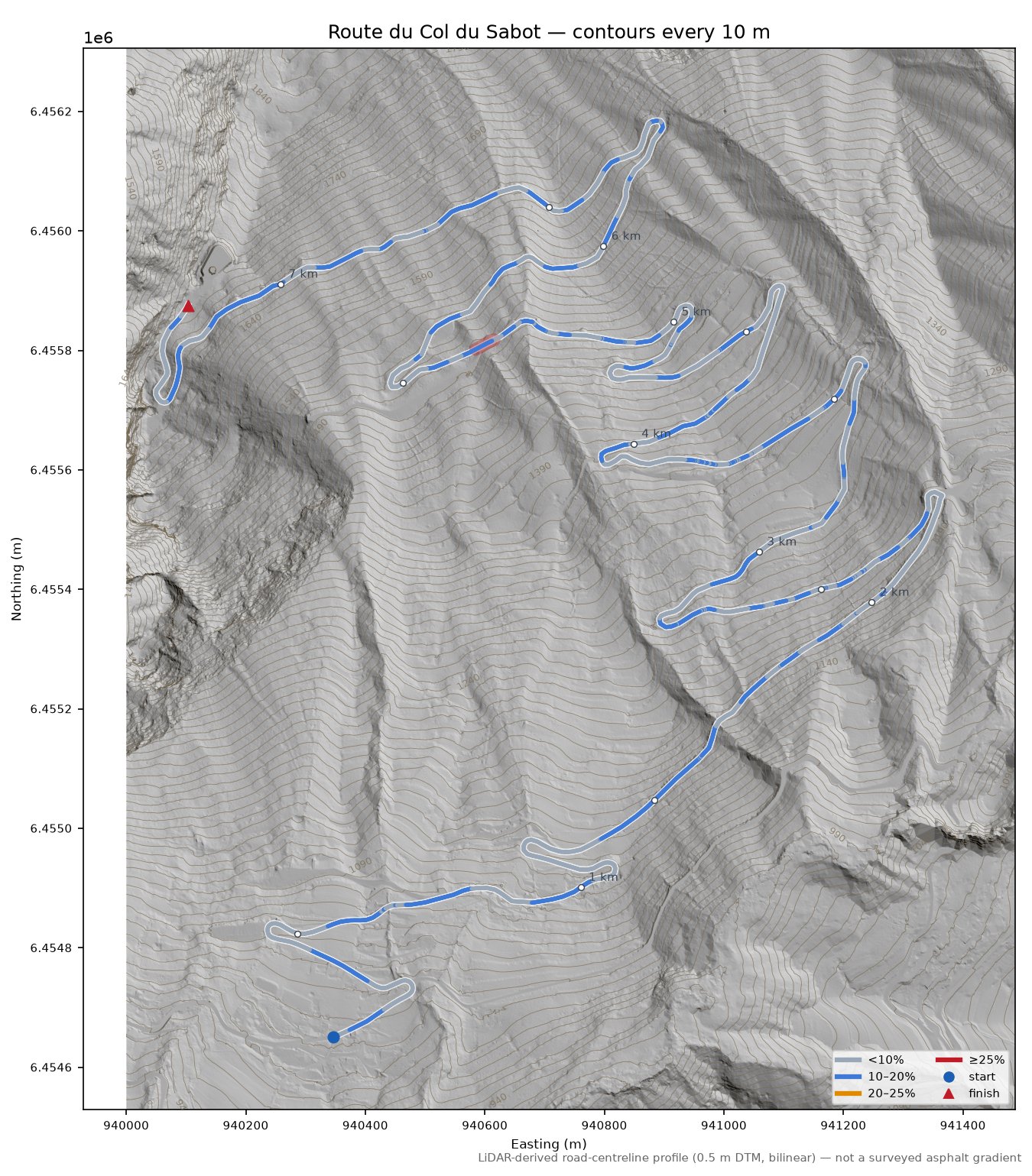Route du Col du Sabot LiDAR hillshade map with contours