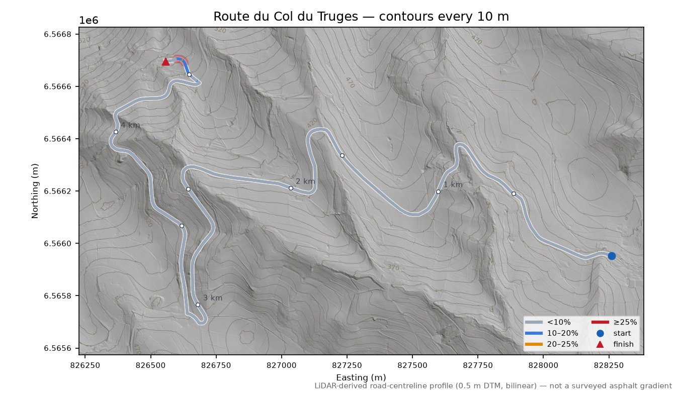Route du Col du Truges LiDAR hillshade map with contours