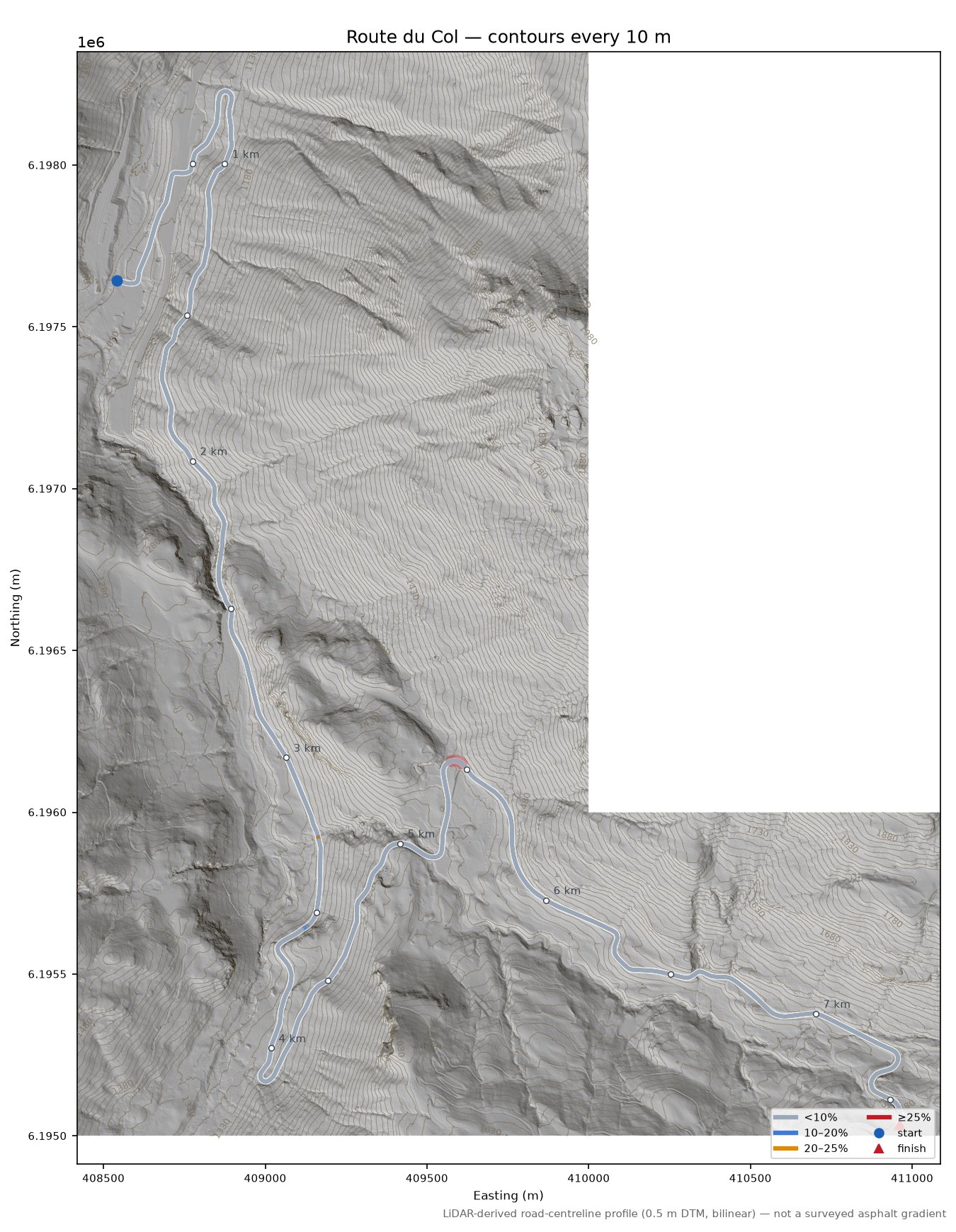 Route du Col LiDAR hillshade map with contours