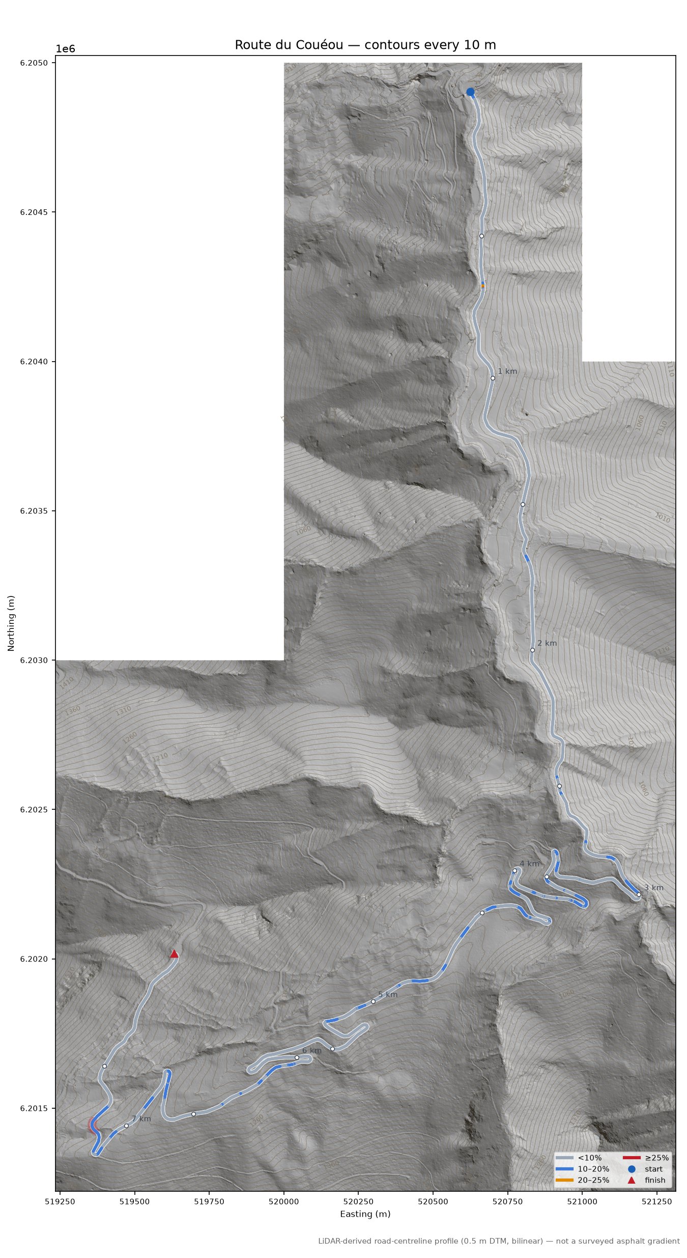 Route du Couéou LiDAR hillshade map with contours