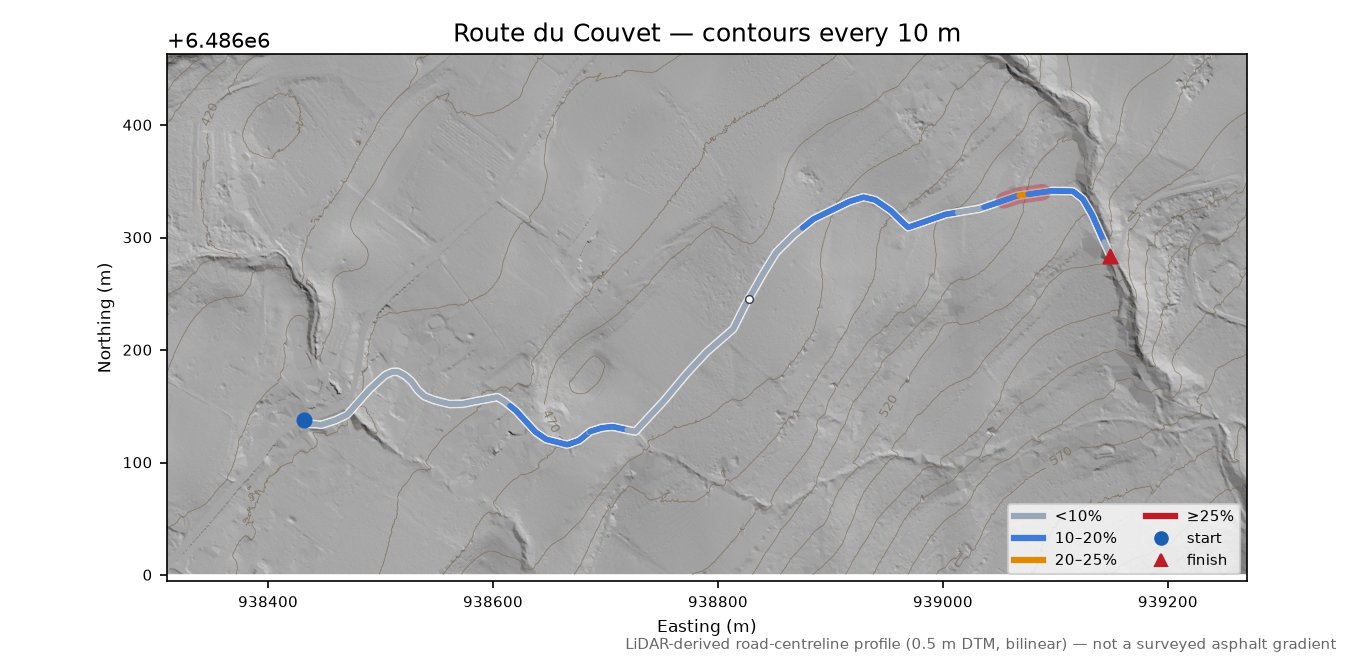 Route du Couvet LiDAR hillshade map with contours