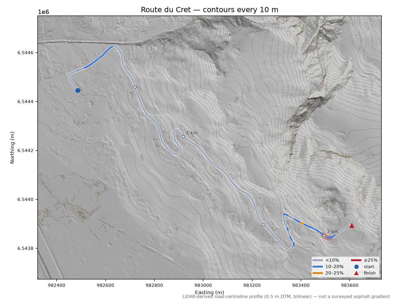 Route du Cret LiDAR hillshade map with contours