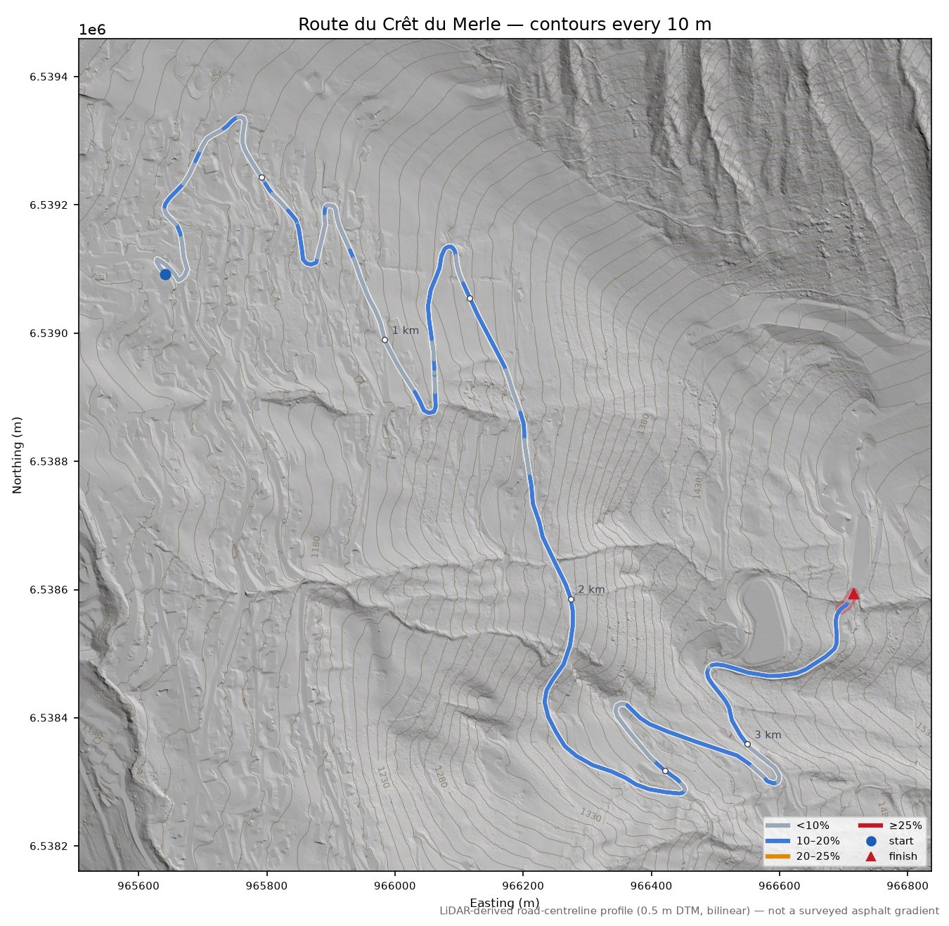 Route du Crêt du Merle LiDAR hillshade map with contours
