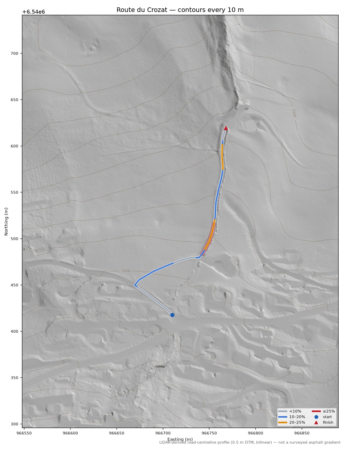 Route du Crozat LiDAR hillshade map with contours