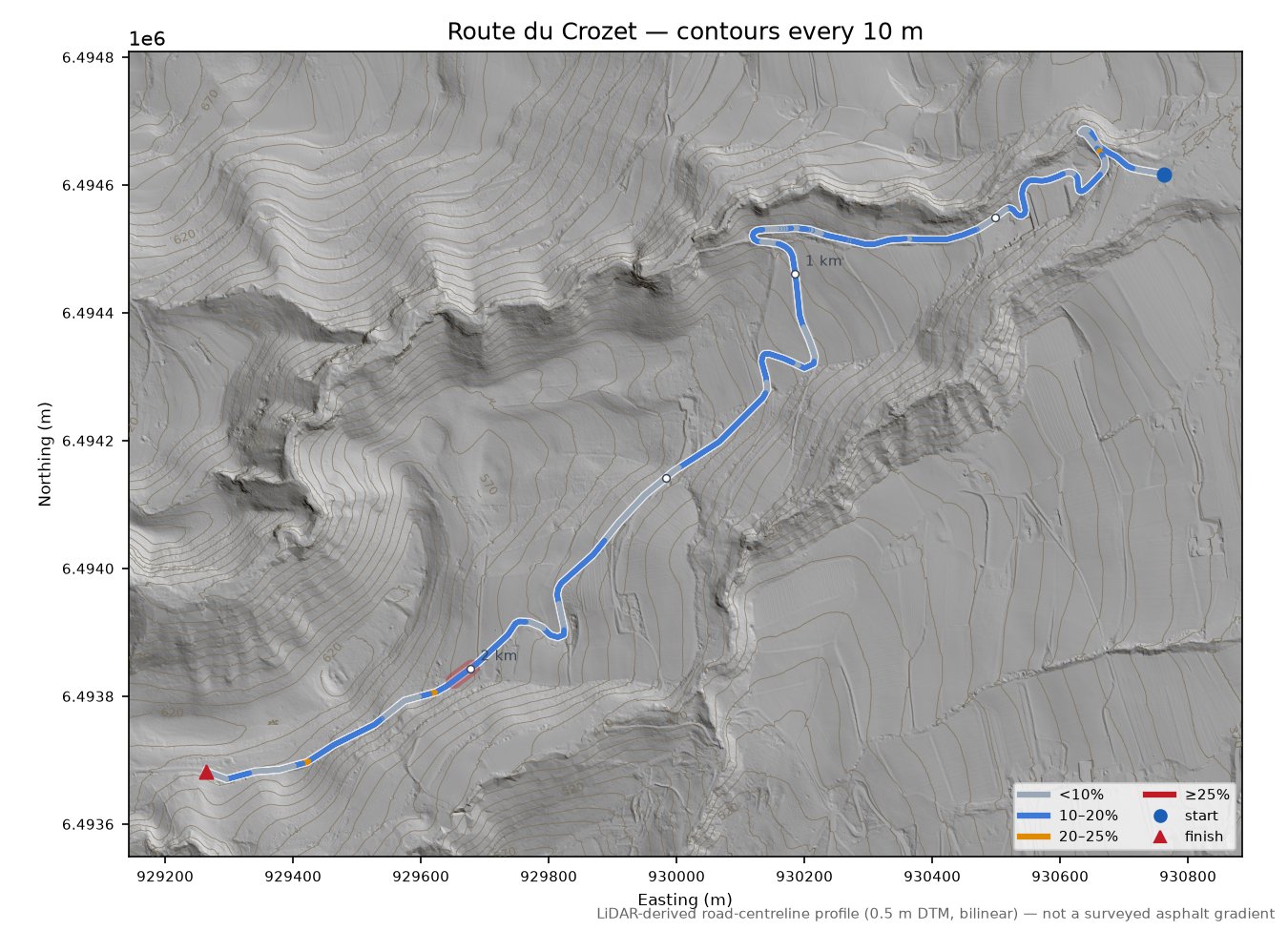 Route du Crozet LiDAR hillshade map with contours