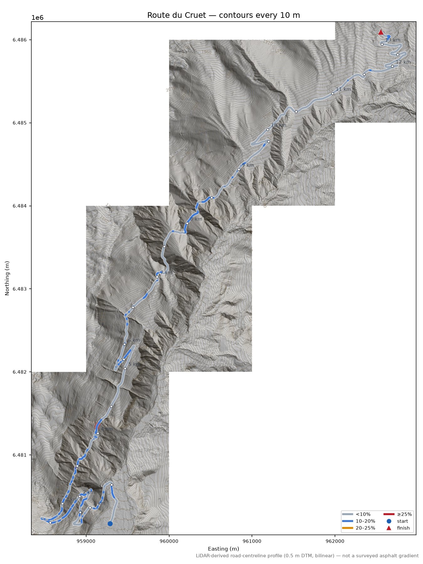 Route du Cruet LiDAR hillshade map with contours