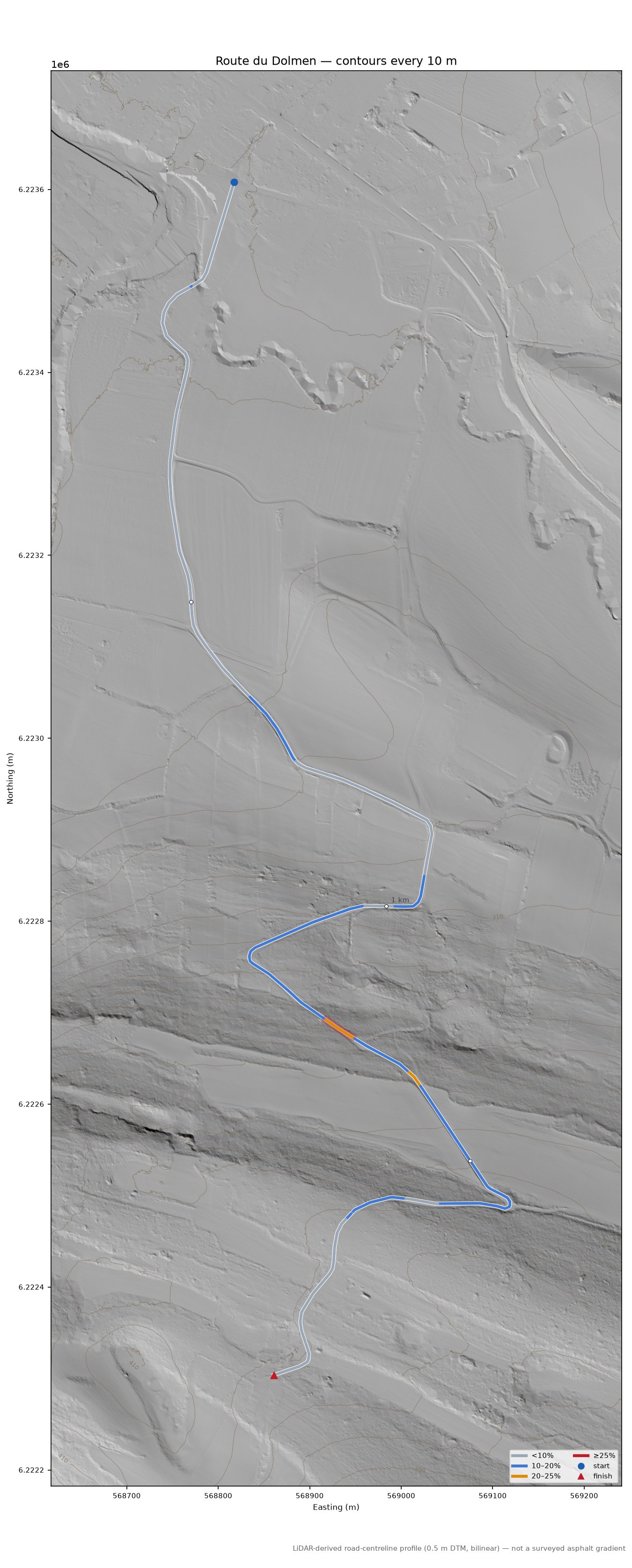 Route du Dolmen LiDAR hillshade map with contours