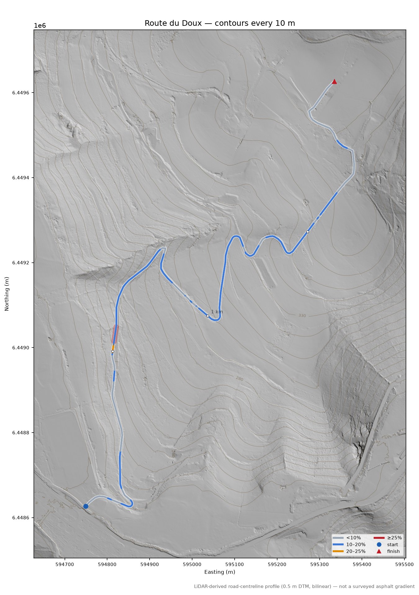 Route du Doux LiDAR hillshade map with contours
