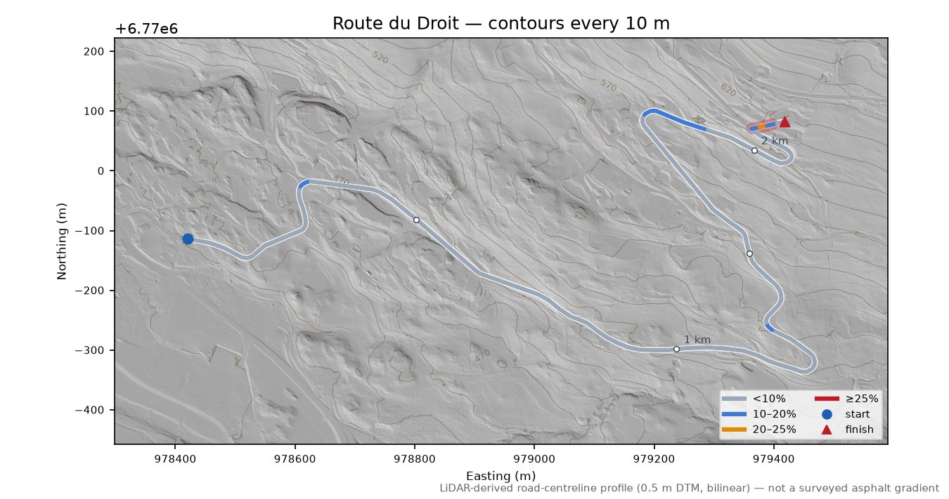 Route du Droit LiDAR hillshade map with contours