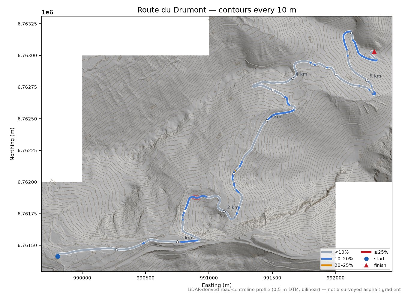 Route du Drumont LiDAR hillshade map with contours