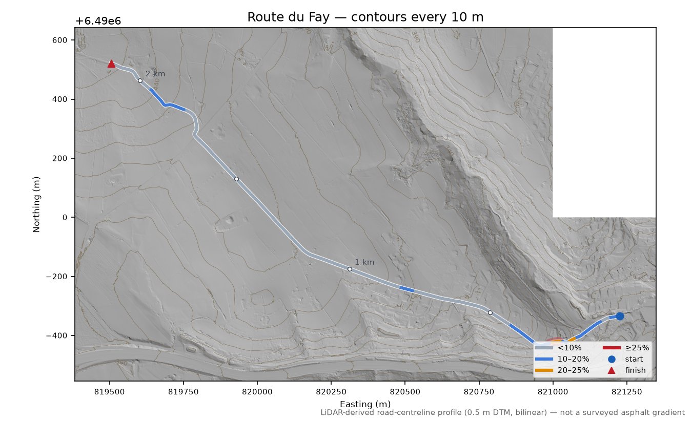 Route du Fay LiDAR hillshade map with contours