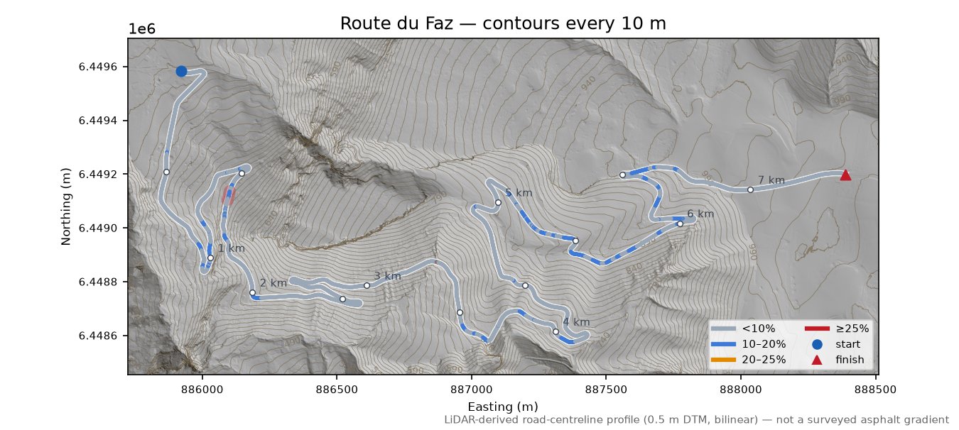 Route du Faz LiDAR hillshade map with contours