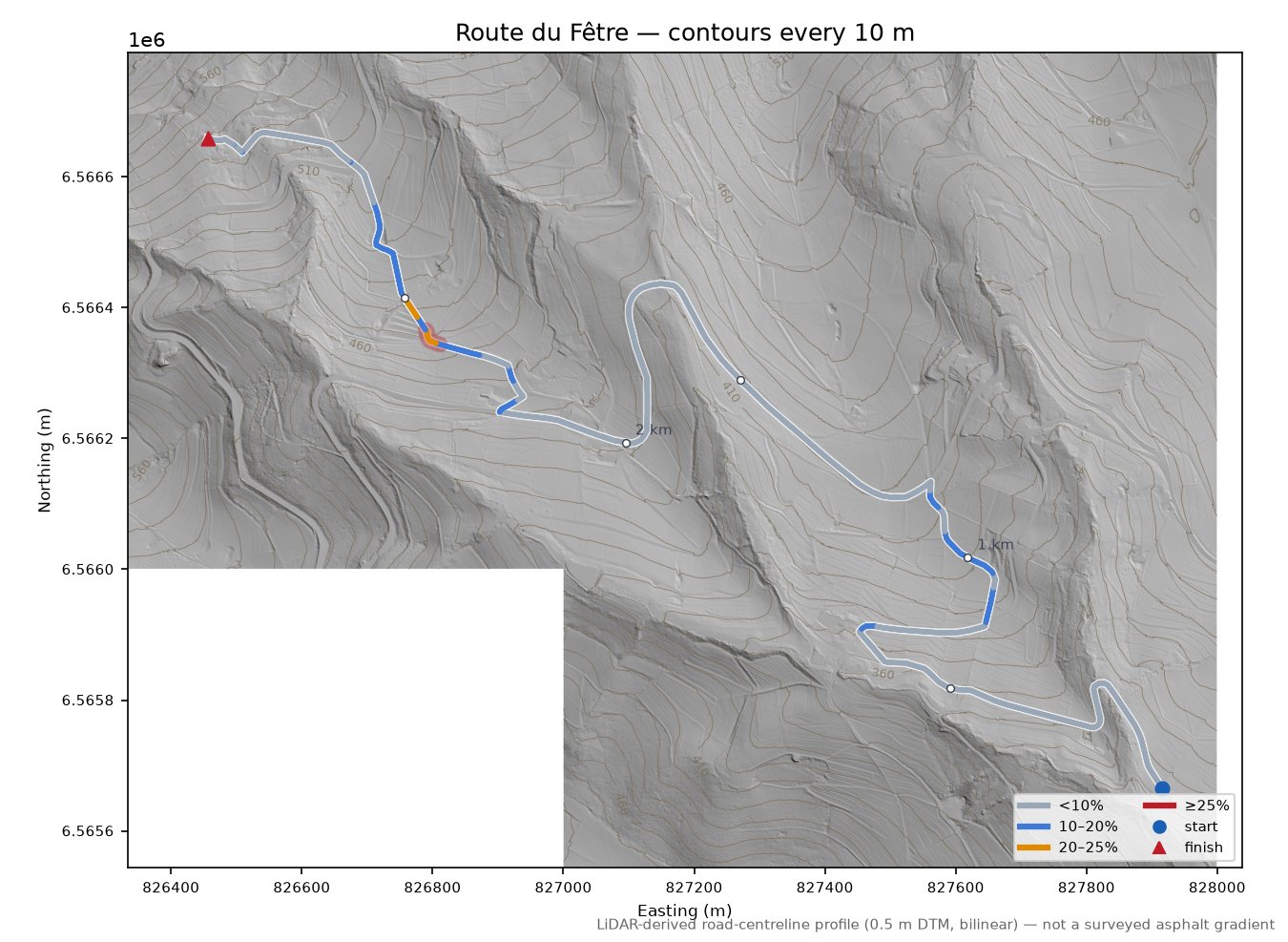Route du Fêtre LiDAR hillshade map with contours