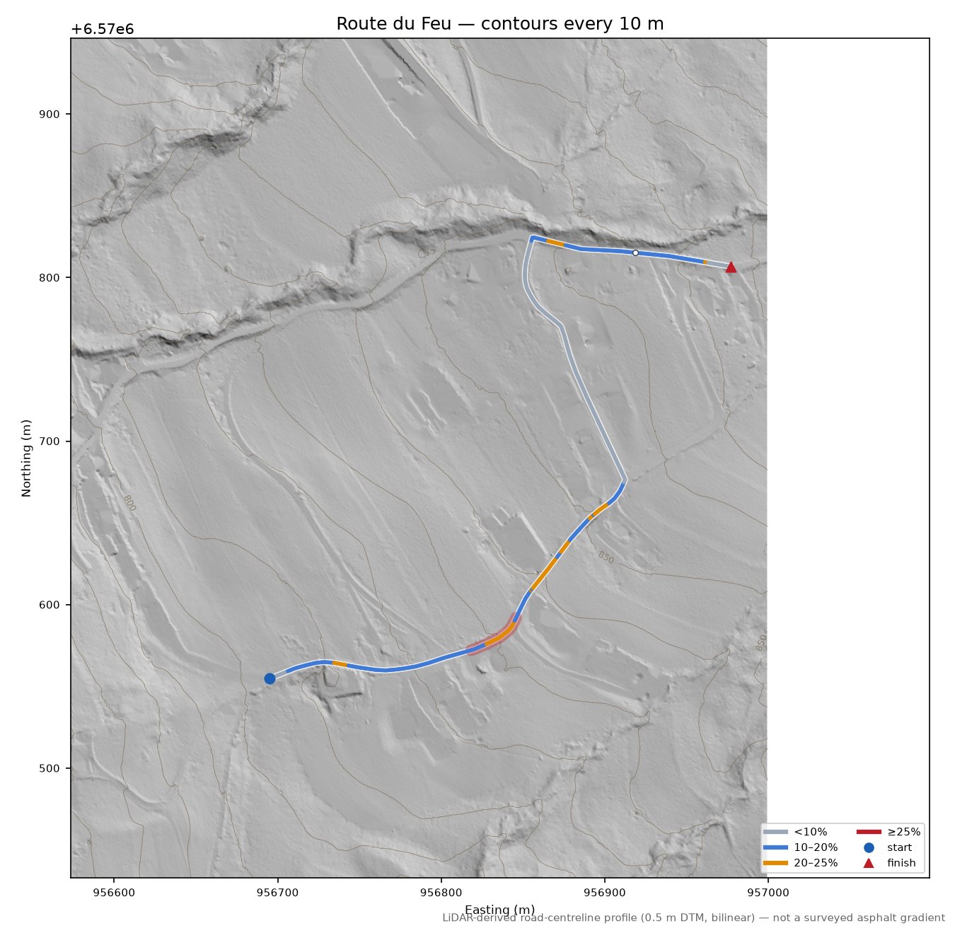 Route du Feu LiDAR hillshade map with contours