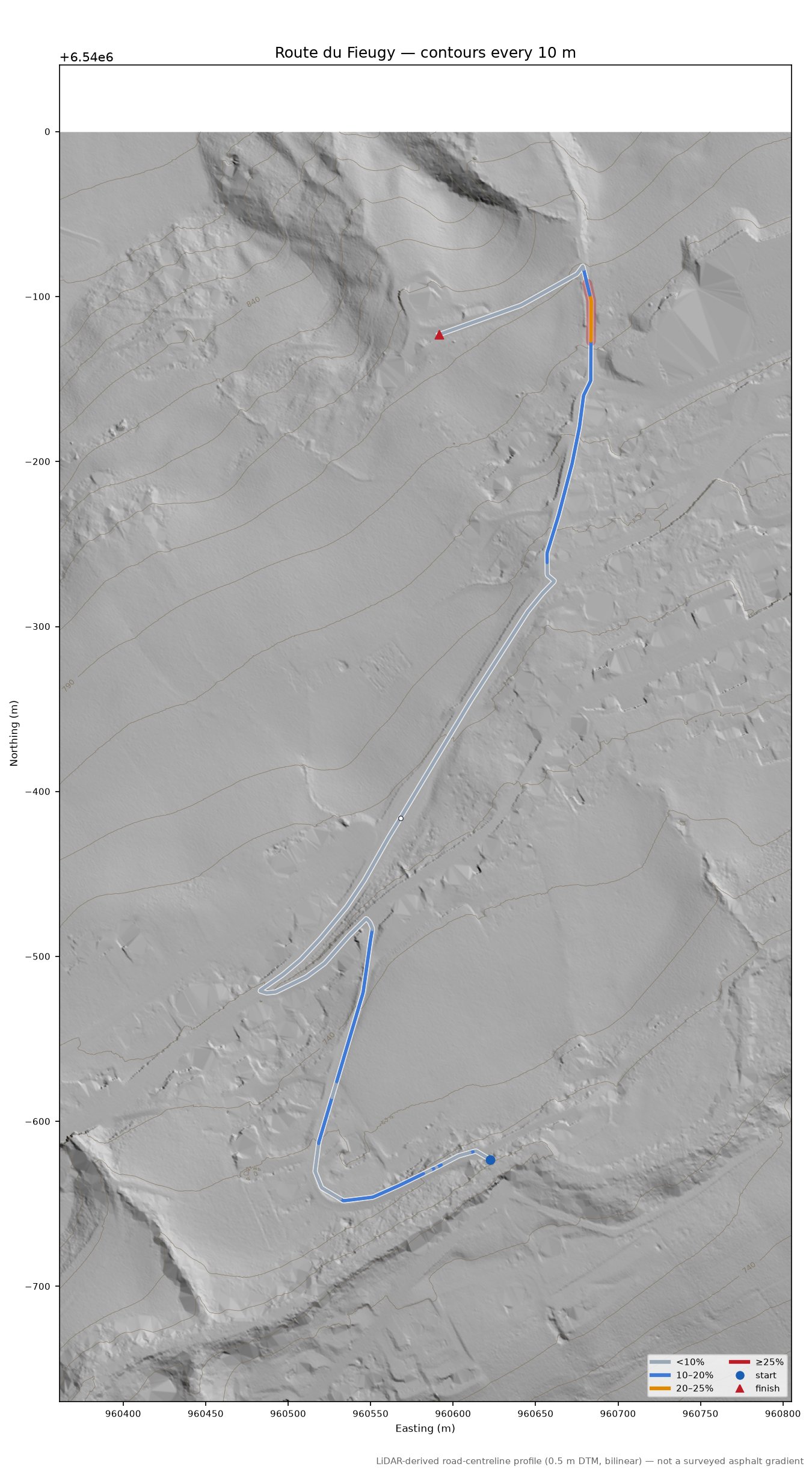 Route du Fieugy LiDAR hillshade map with contours