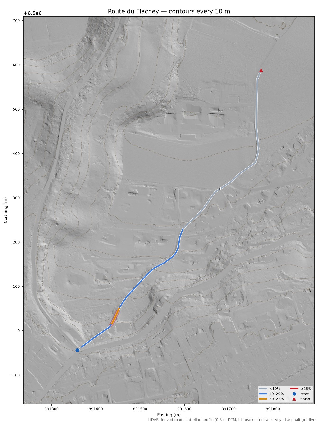 Route du Flachey LiDAR hillshade map with contours