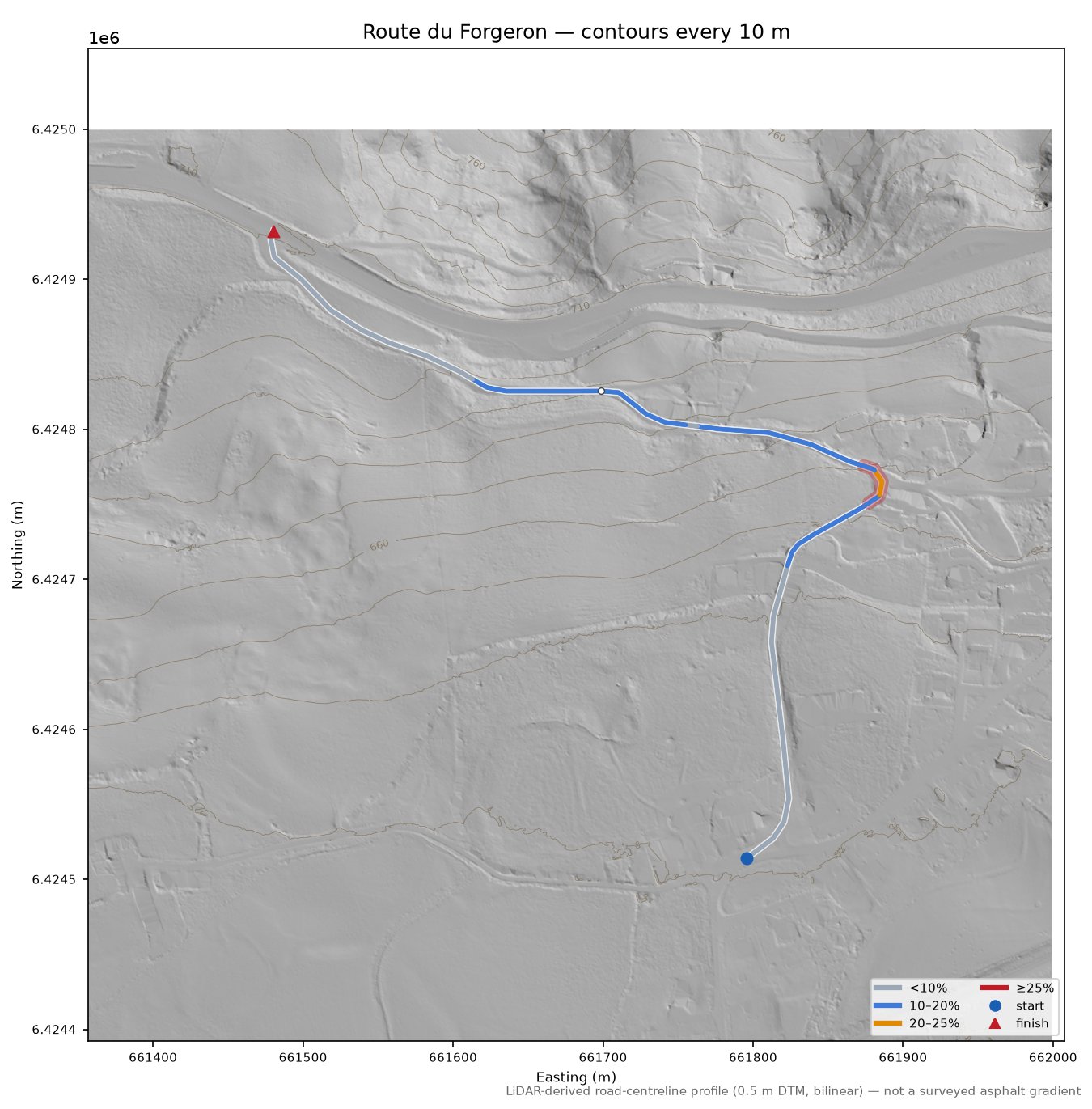 Route du Forgeron LiDAR hillshade map with contours