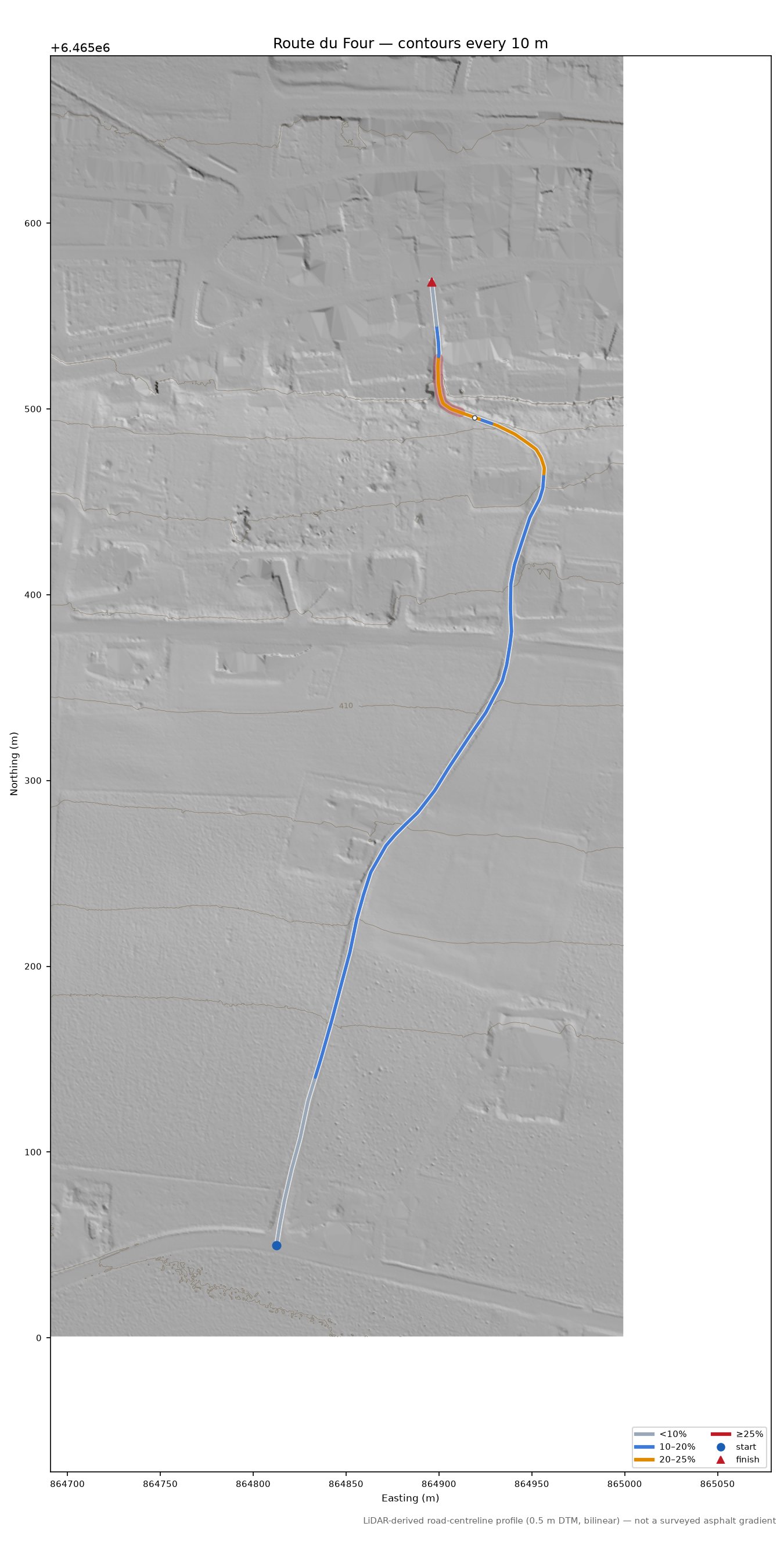 Route du Four LiDAR hillshade map with contours