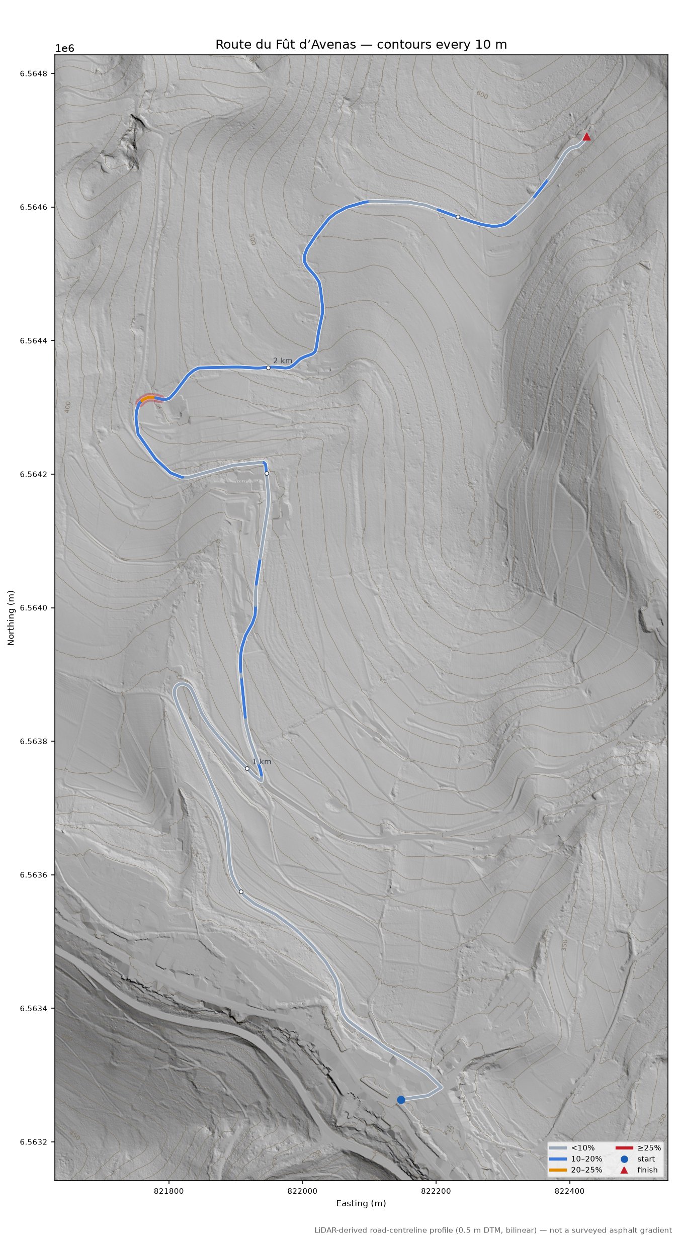 Route du Fût d’Avenas LiDAR hillshade map with contours
