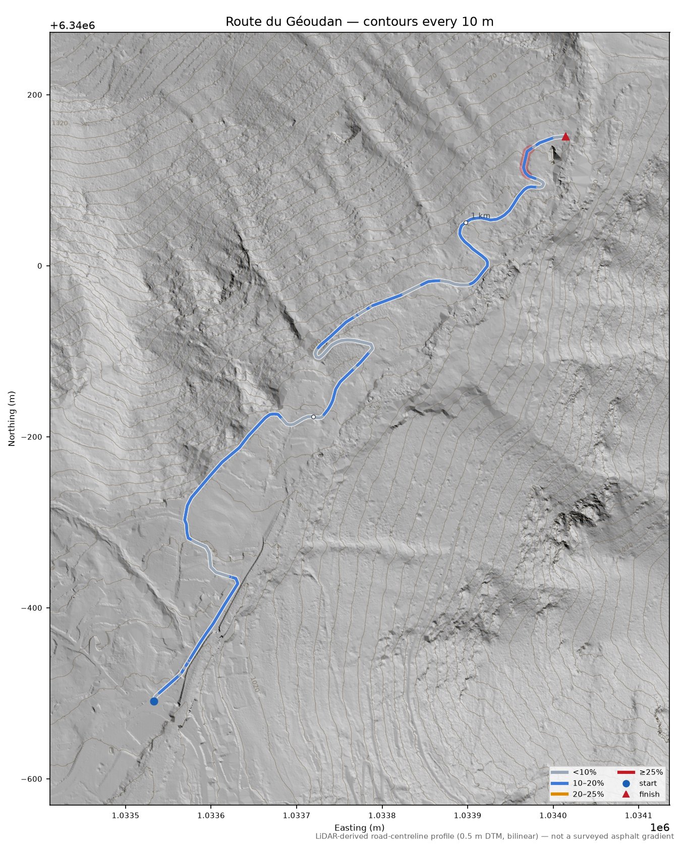 Route du Géoudan LiDAR hillshade map with contours