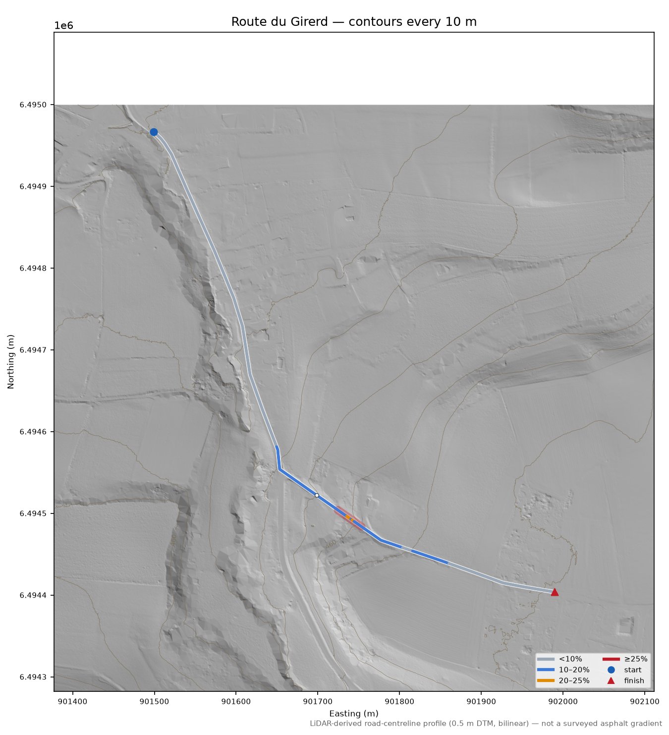 Route du Girerd LiDAR hillshade map with contours