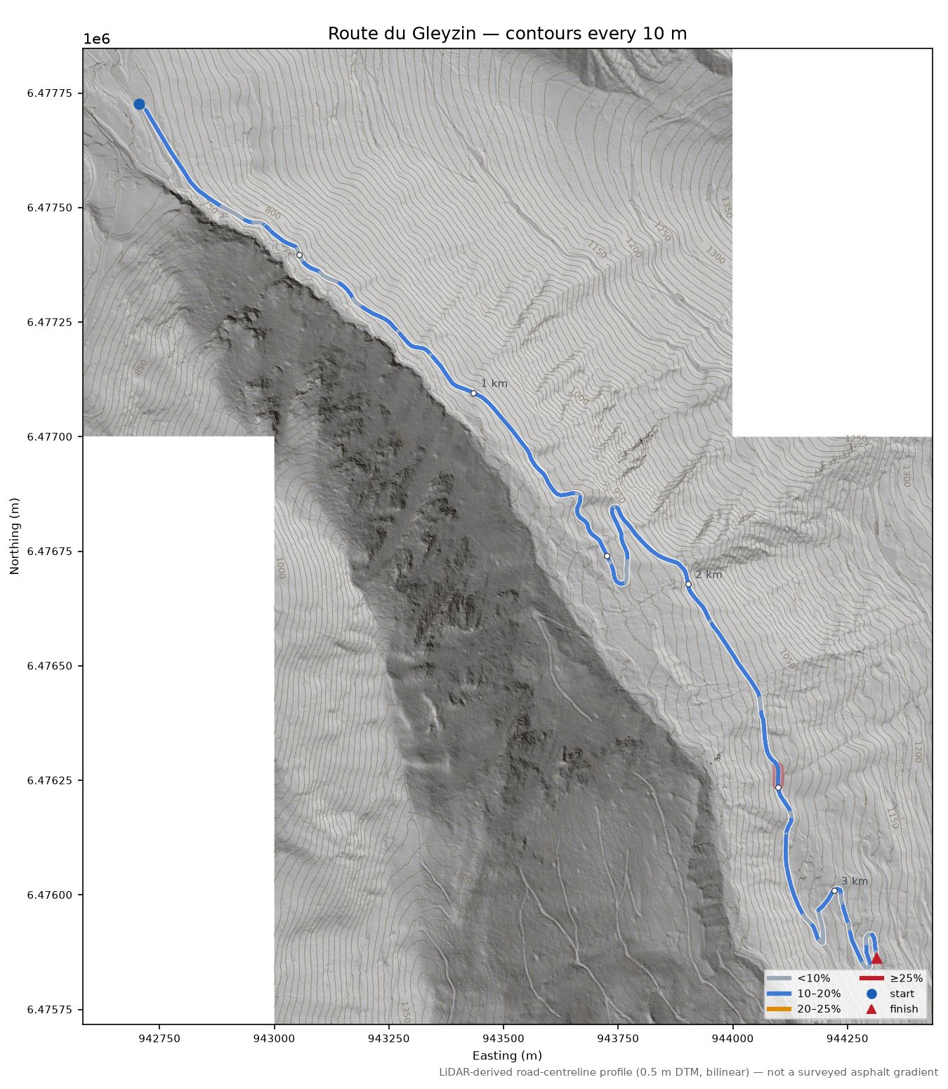 Route du Gleyzin LiDAR hillshade map with contours