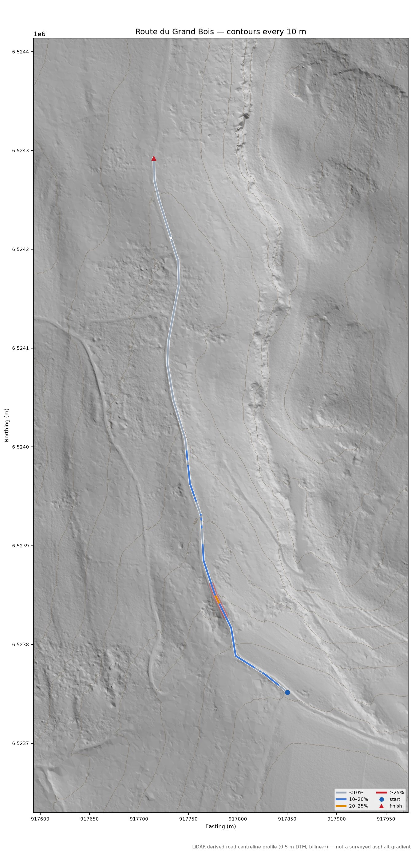 Route du Grand Bois LiDAR hillshade map with contours