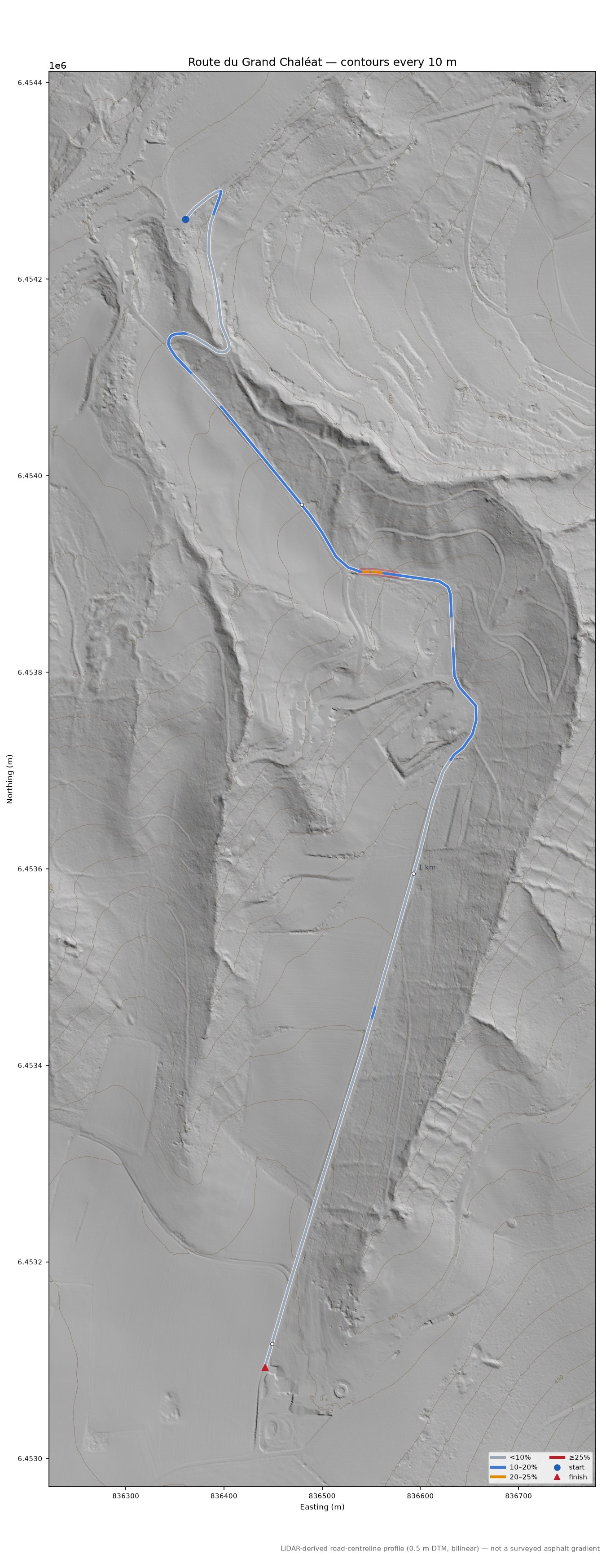 Route du Grand Chaléat LiDAR hillshade map with contours