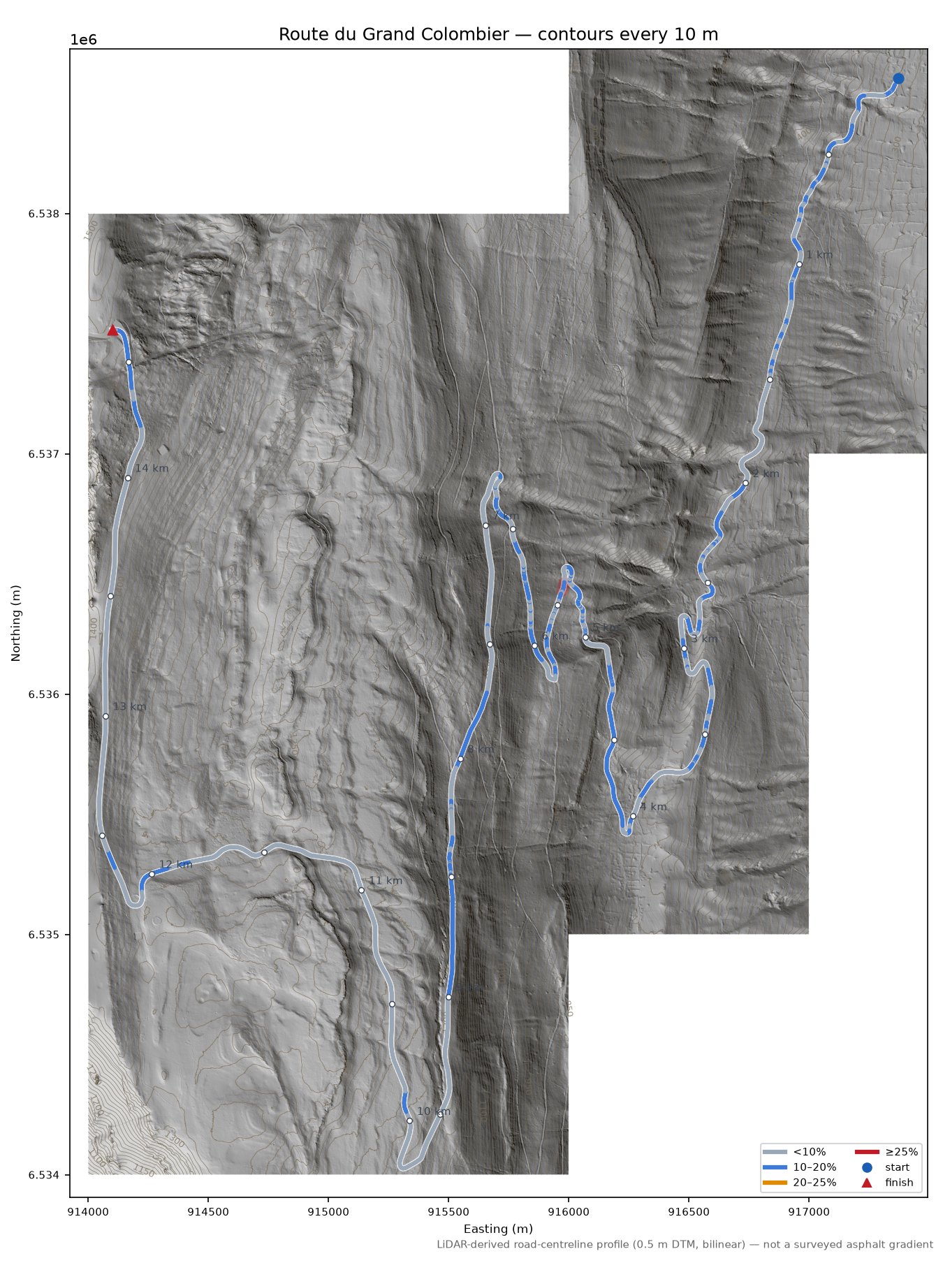 Route du Grand Colombier LiDAR hillshade map with contours