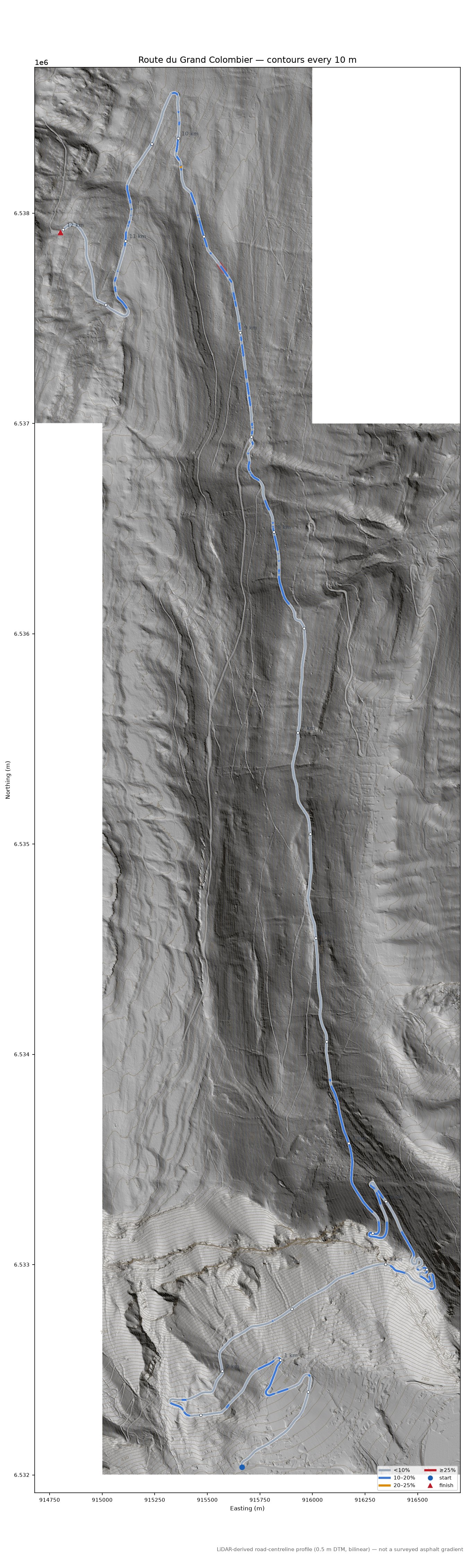 Route du Grand Colombier LiDAR hillshade map with contours