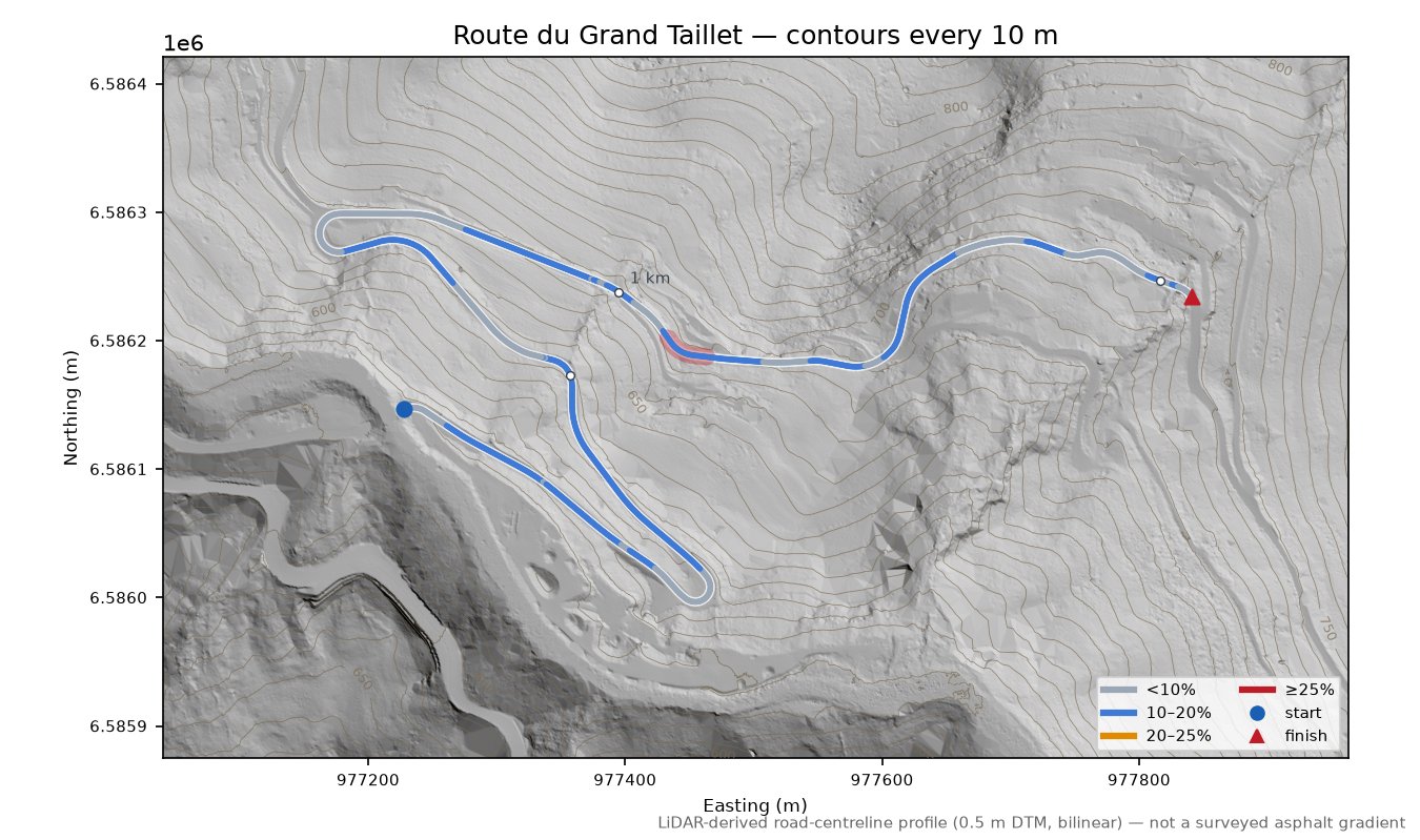 Route du Grand Taillet LiDAR hillshade map with contours