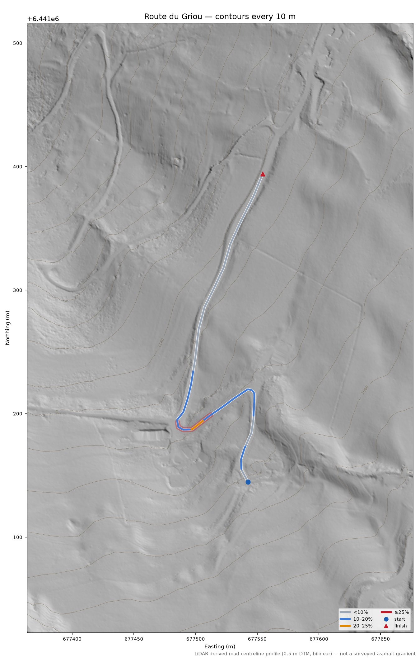 Route du Griou LiDAR hillshade map with contours