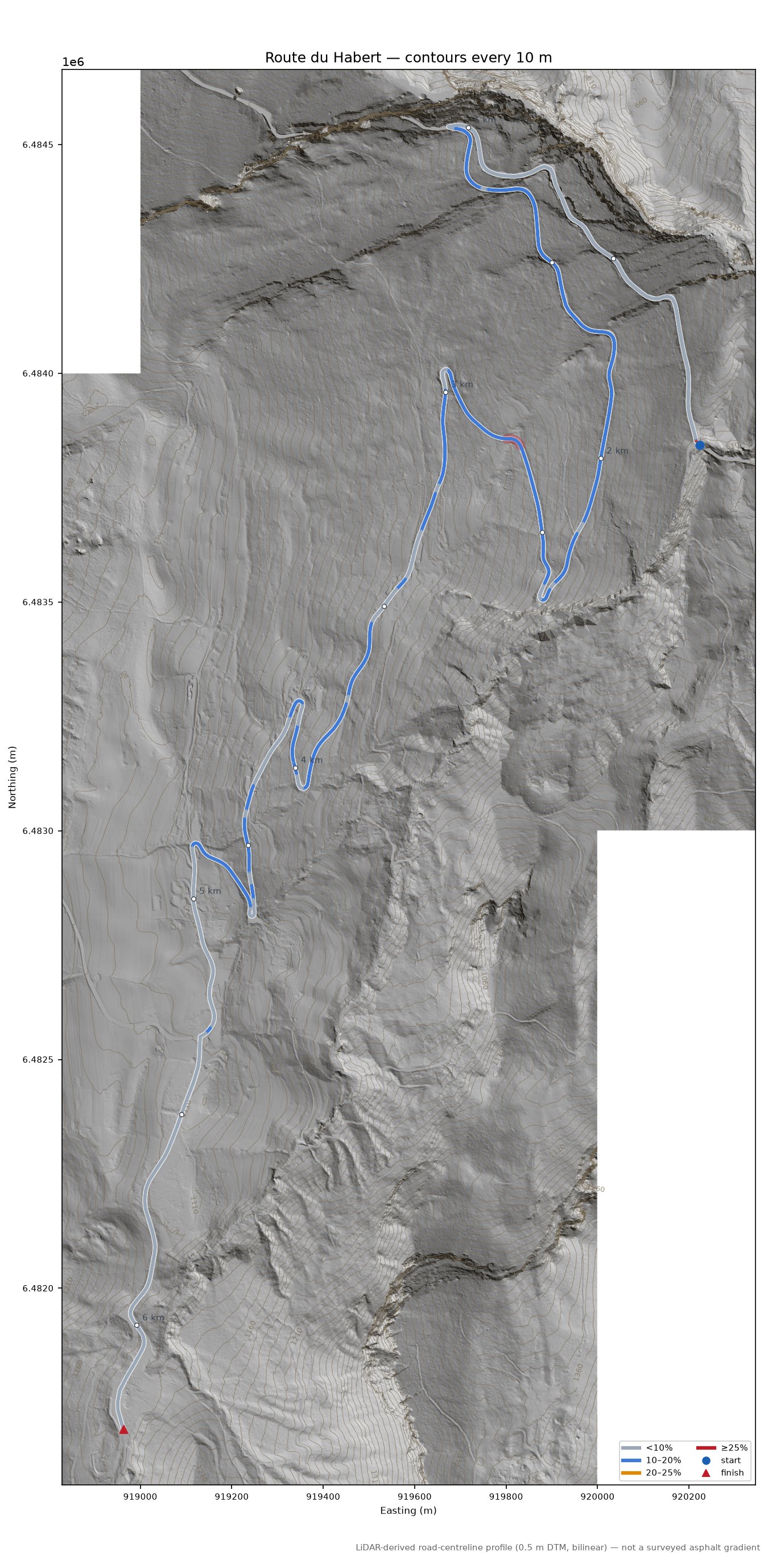 Route du Habert LiDAR hillshade map with contours