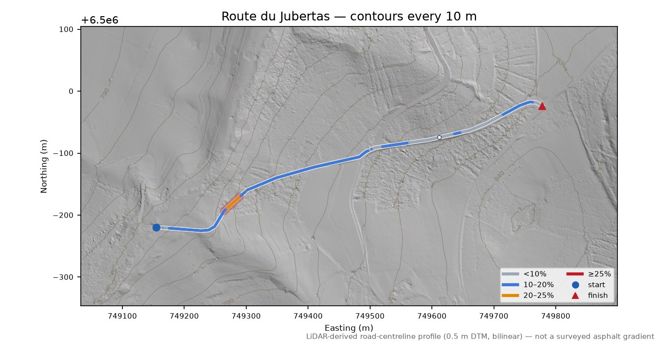 Route du Jubertas LiDAR hillshade map with contours
