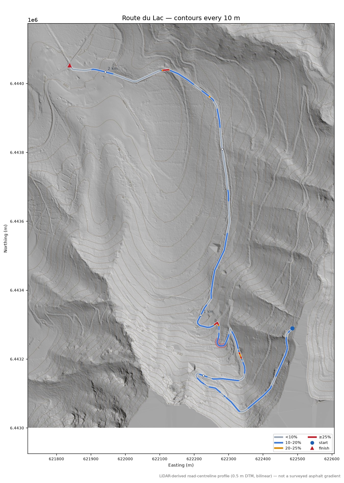 Route du Lac LiDAR hillshade map with contours
