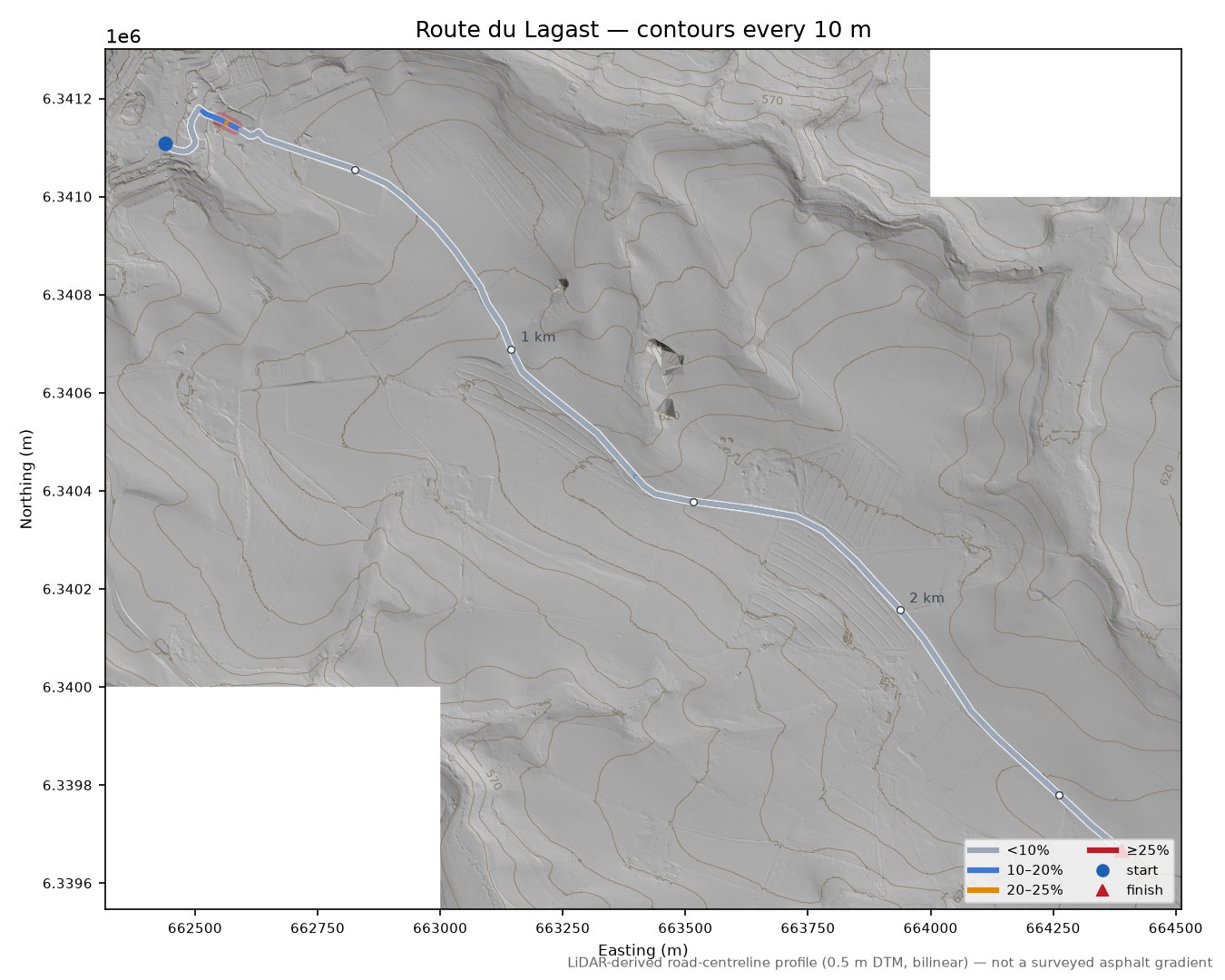 Route du Lagast LiDAR hillshade map with contours