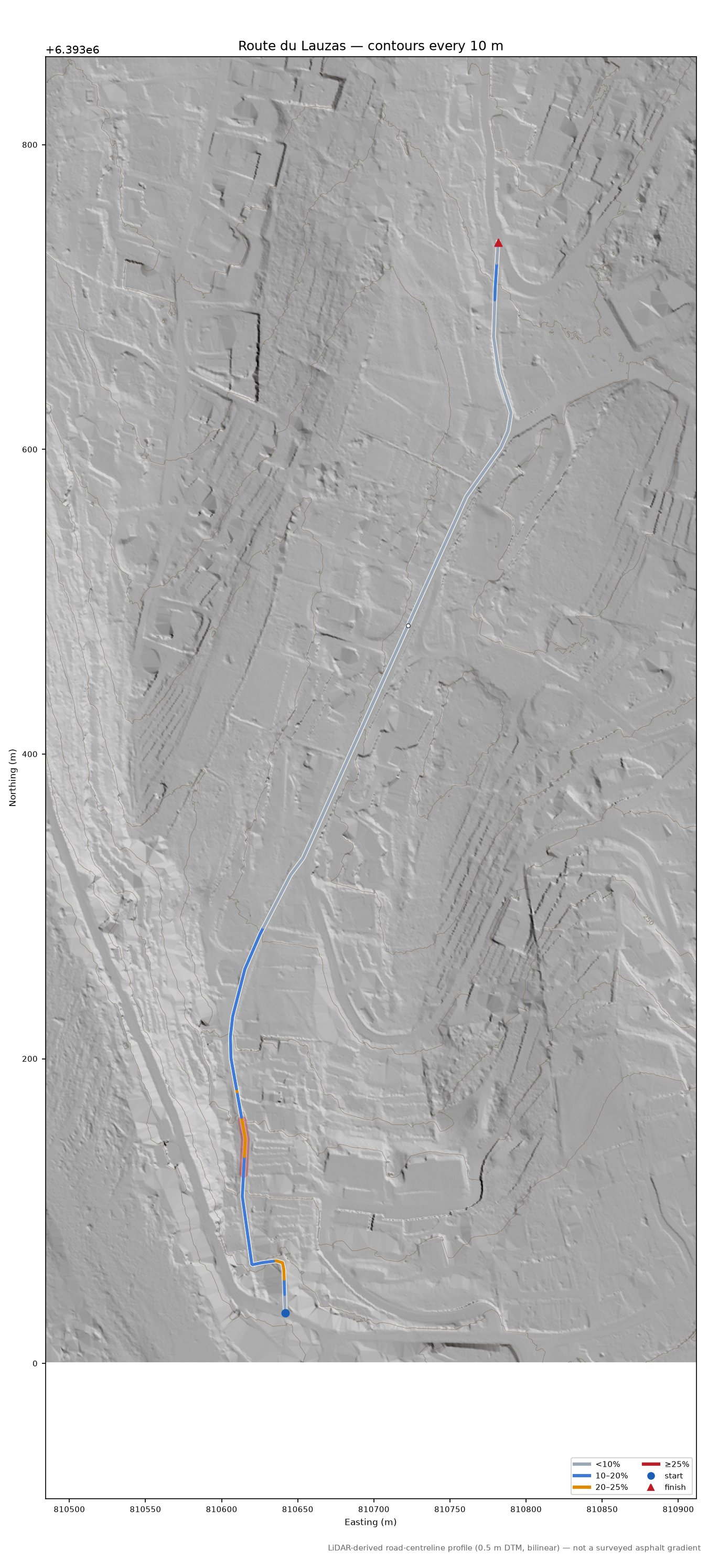 Route du Lauzas LiDAR hillshade map with contours