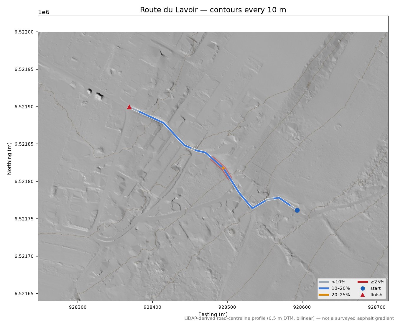 Route du Lavoir LiDAR hillshade map with contours