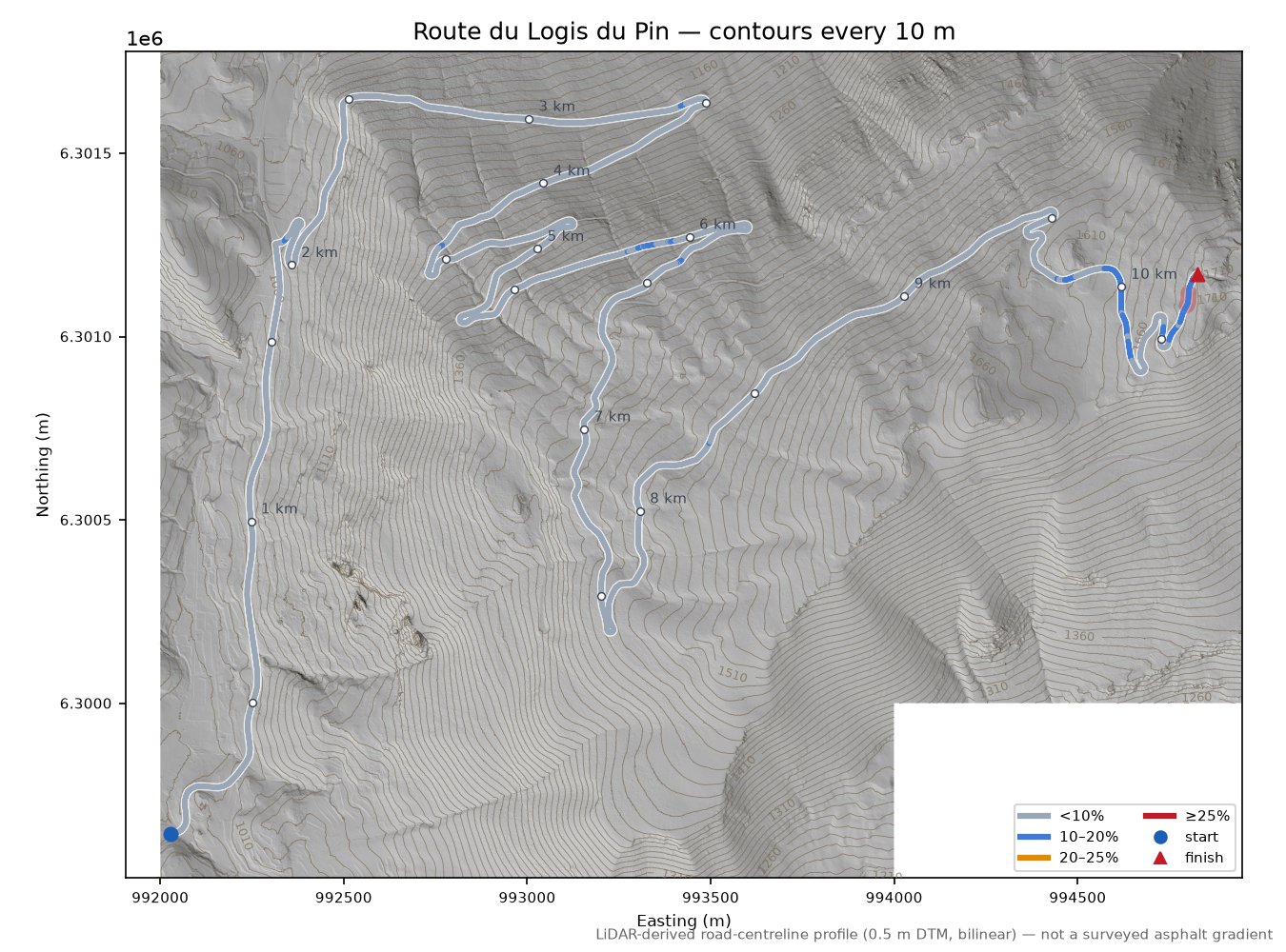 Route du Logis du Pin LiDAR hillshade map with contours